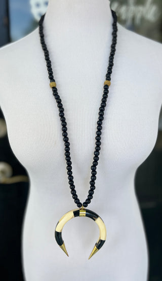 PPB Handmade Horn Necklace - Black Wood Beads with Black and Cream