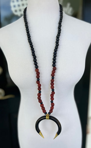 PPB Handmade Horn Necklace - Black Wood Beads with Burgundy Stones