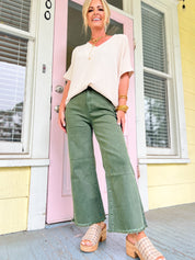 So Delightful Frayed Hem Straight Pants- Dk Olive