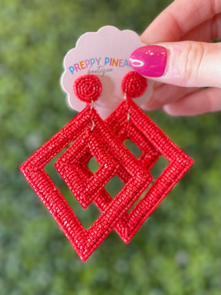 Double Rhombus Bead Dangle Earrings - Red