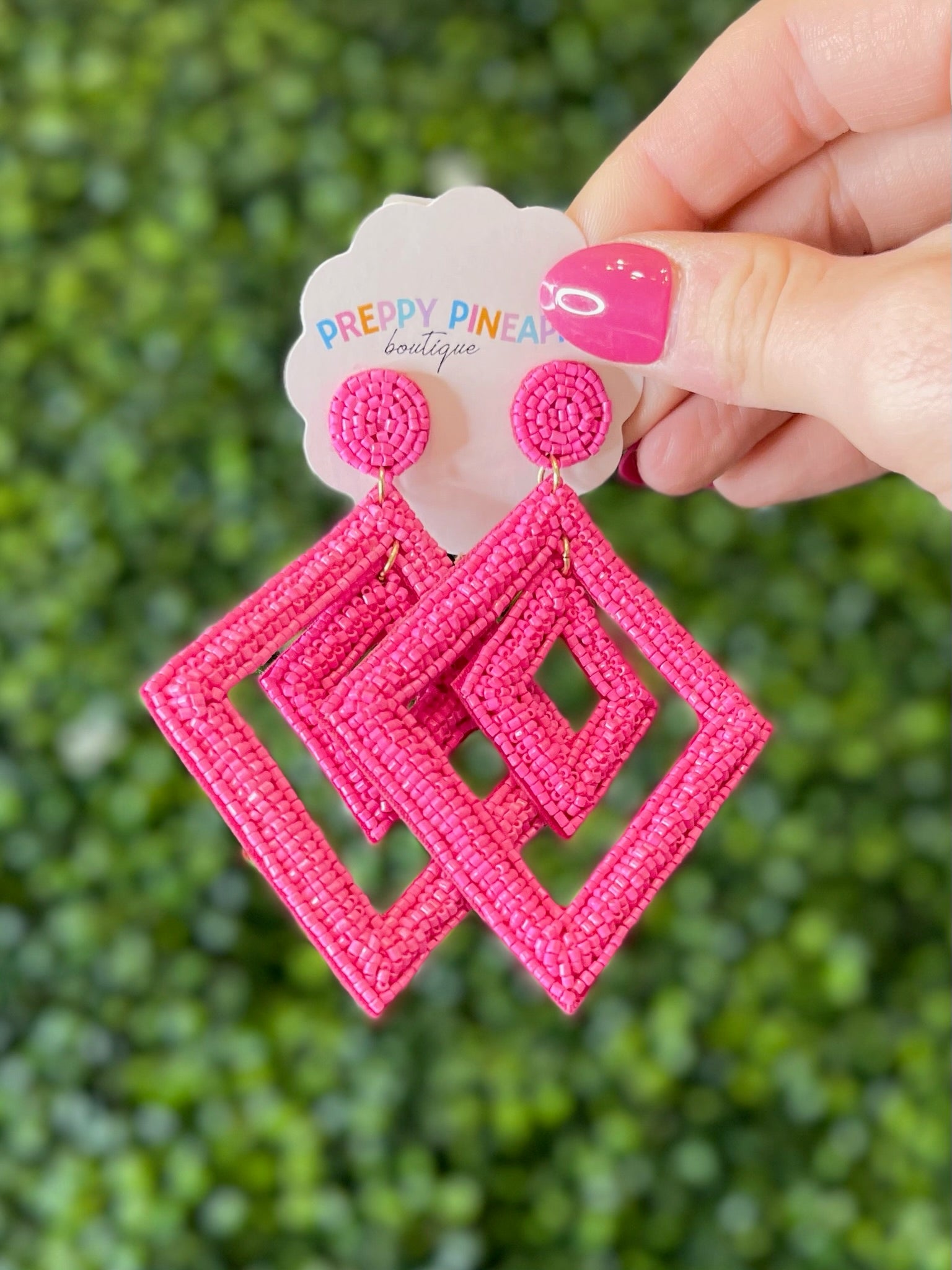 Double Rhombus Bead Dangle Earrings - Fuchsia