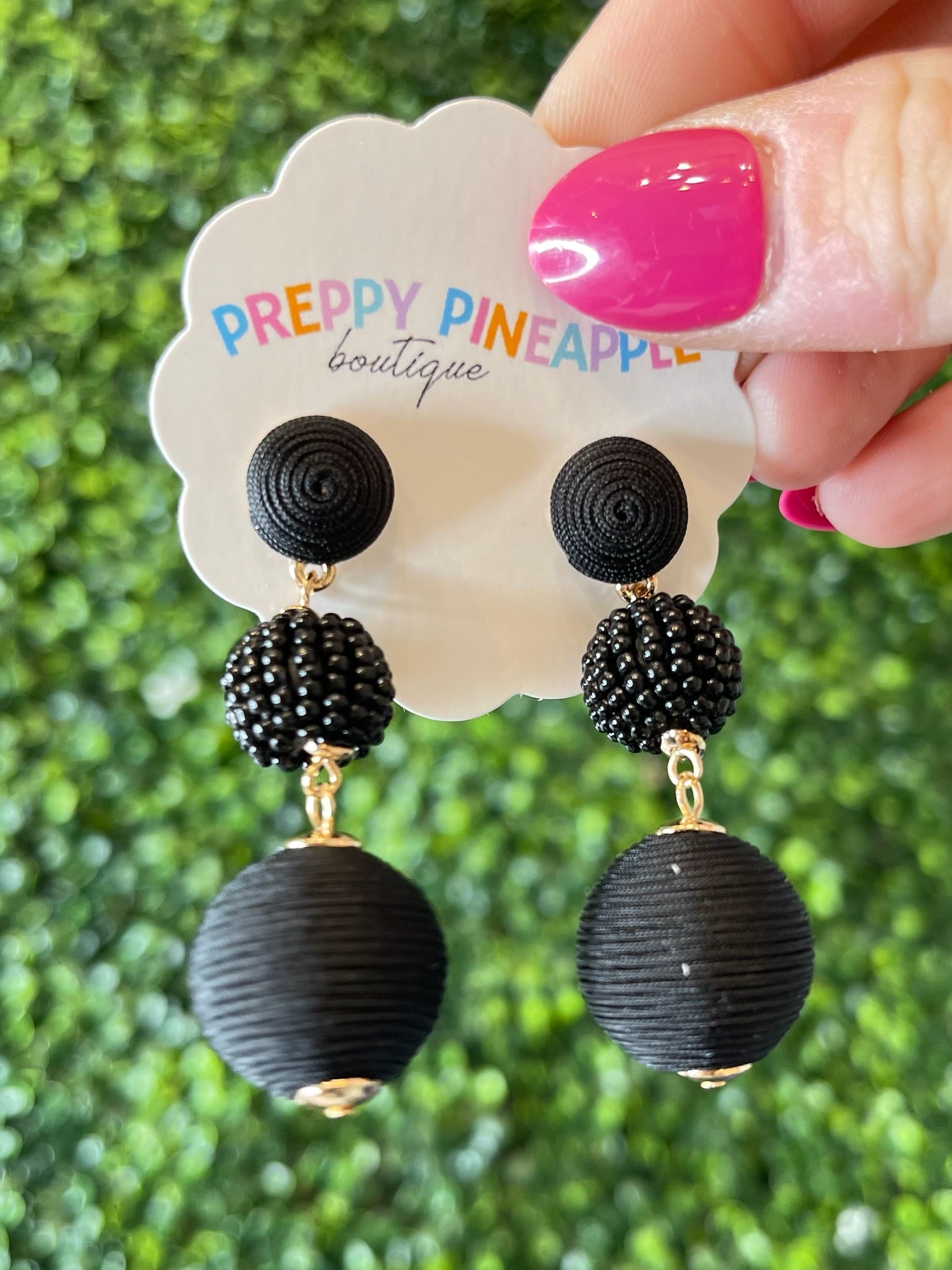 Thread and Bead Ball Earrings - Black