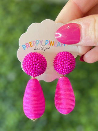 Thread Teardrop Ball Beads Earrings - Magenta