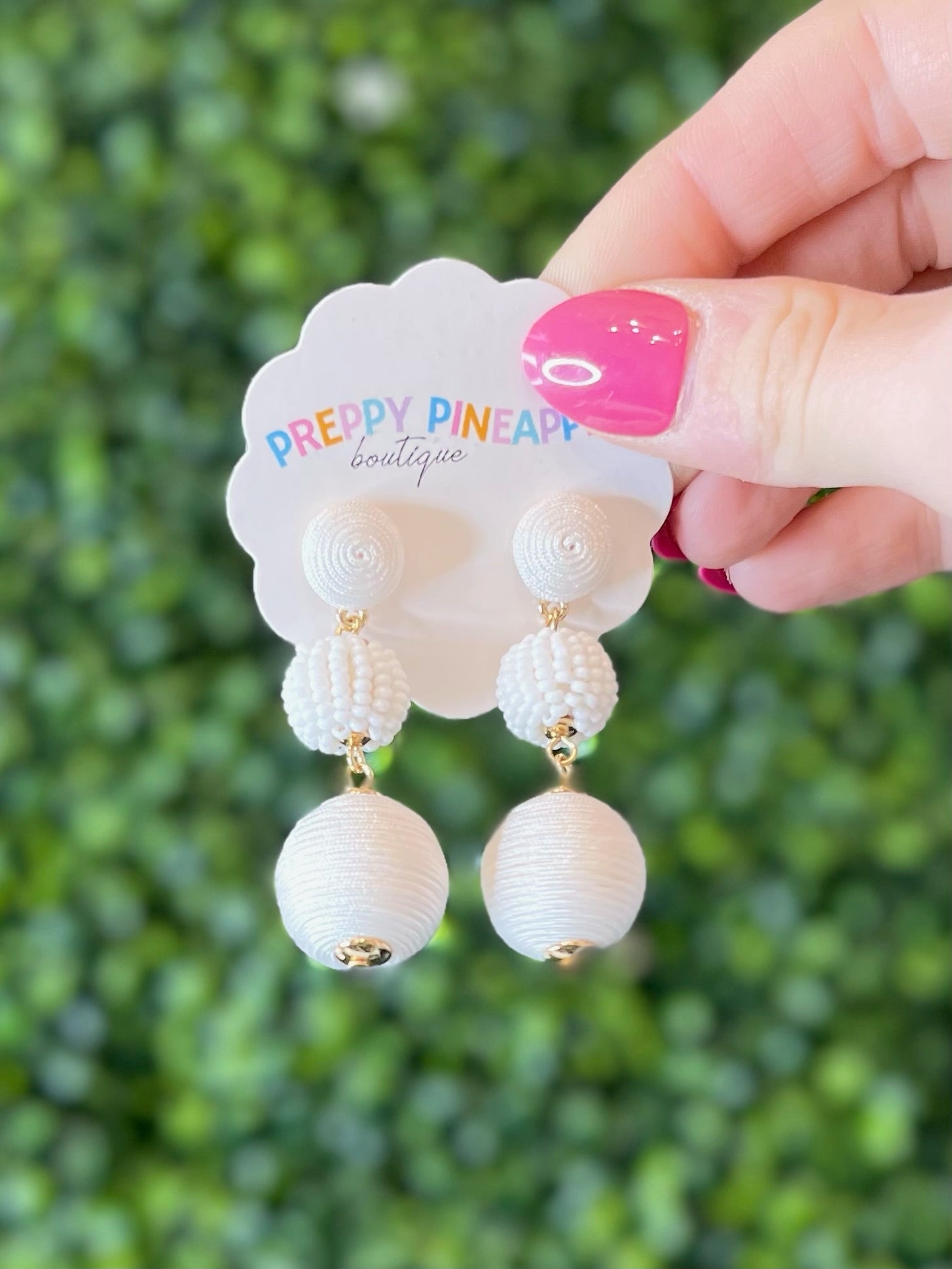 Thread and Bead Ball Earrings - White