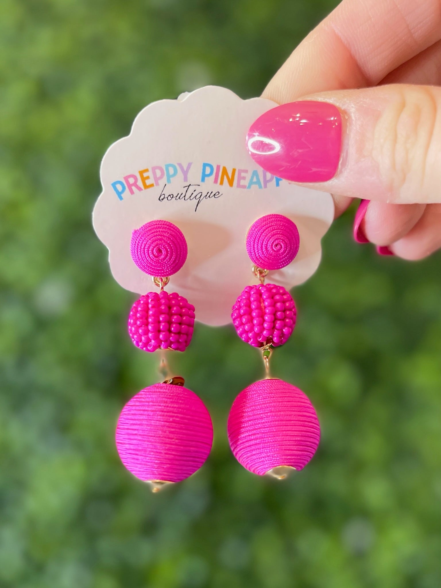 Thread and Bead Ball Earrings - Magenta