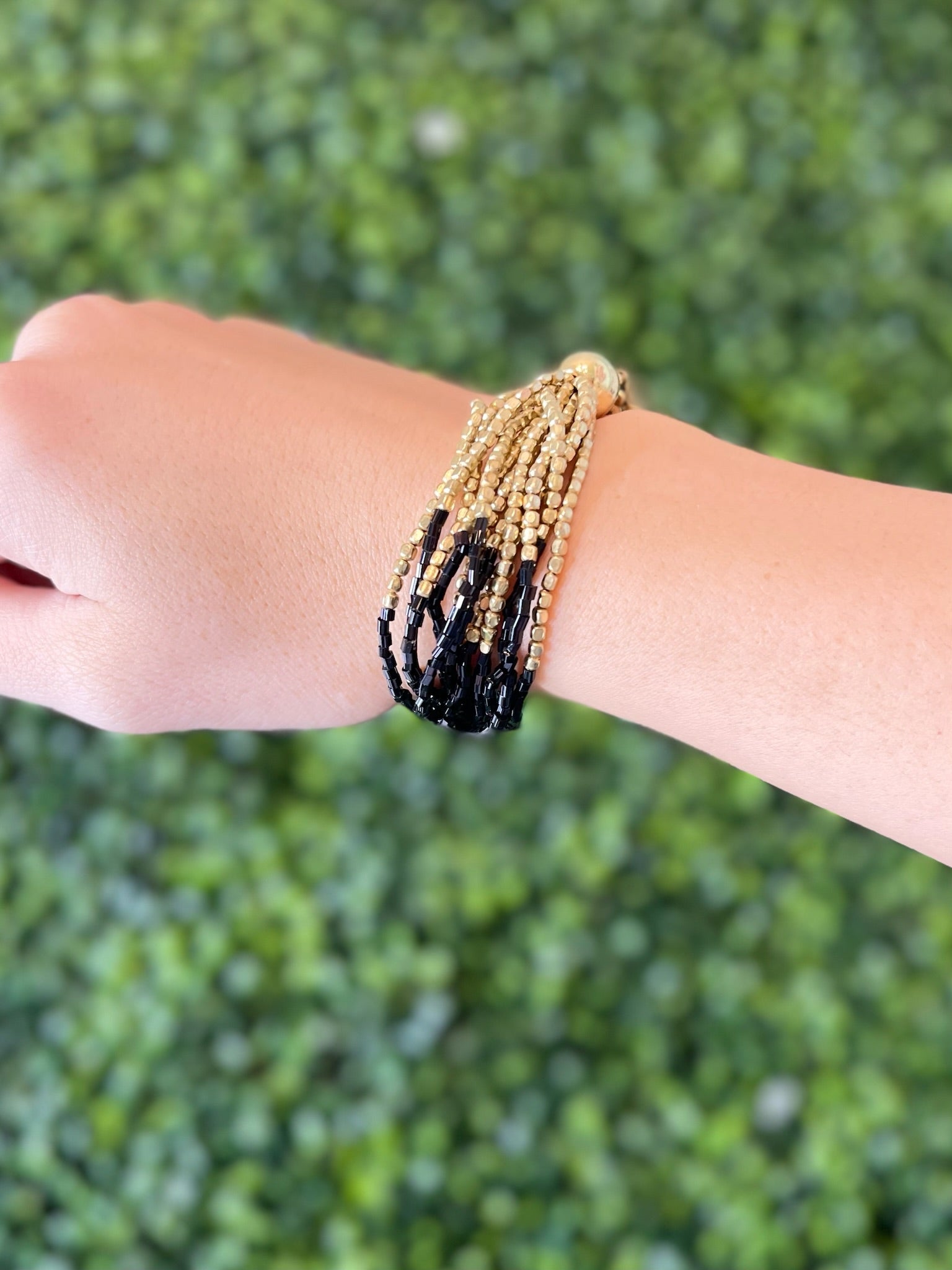 Multi Bead Row and Ball Bracelet - Black/Gold