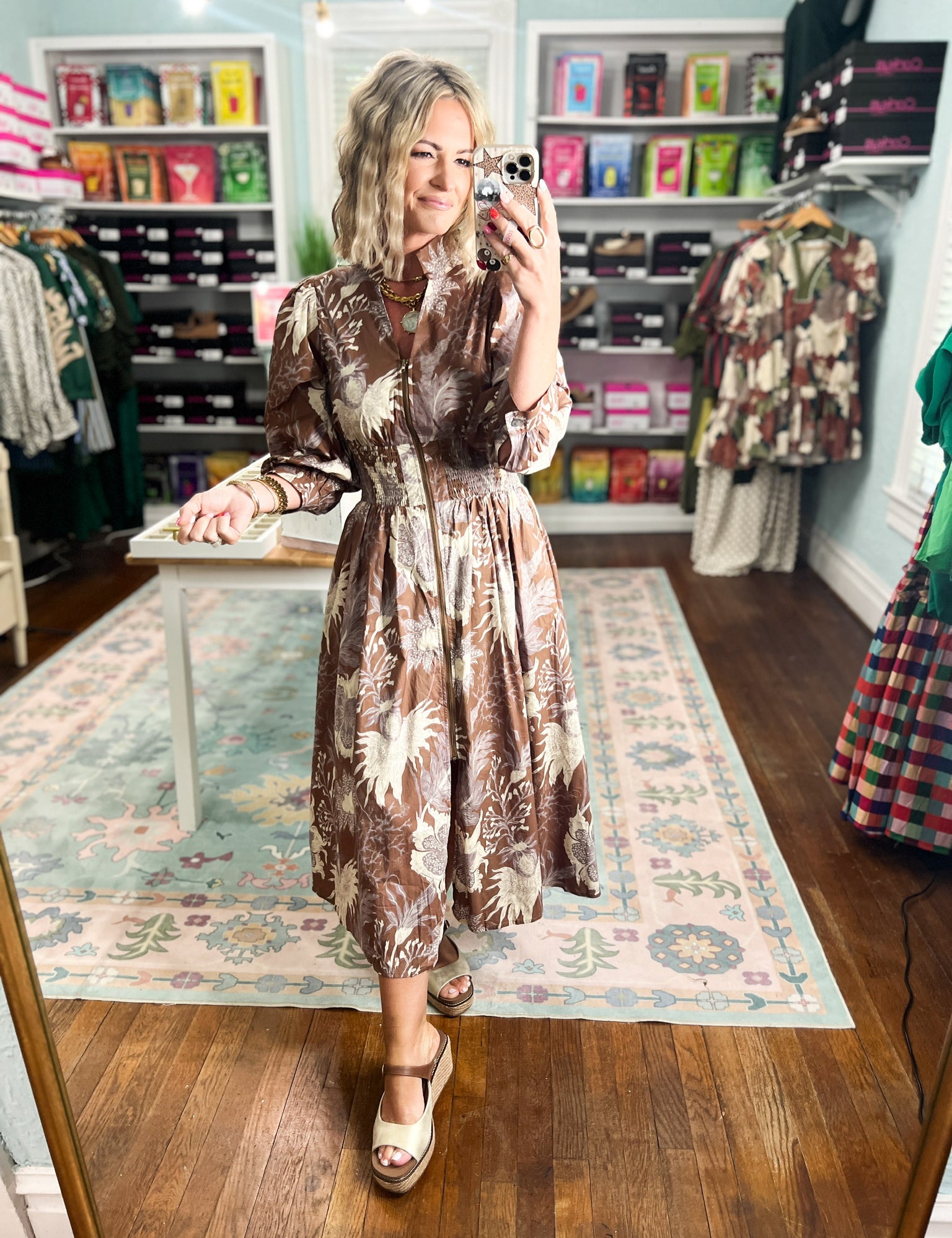 Mocha botanical print midi dress with long puff sleeves and gathered waist
