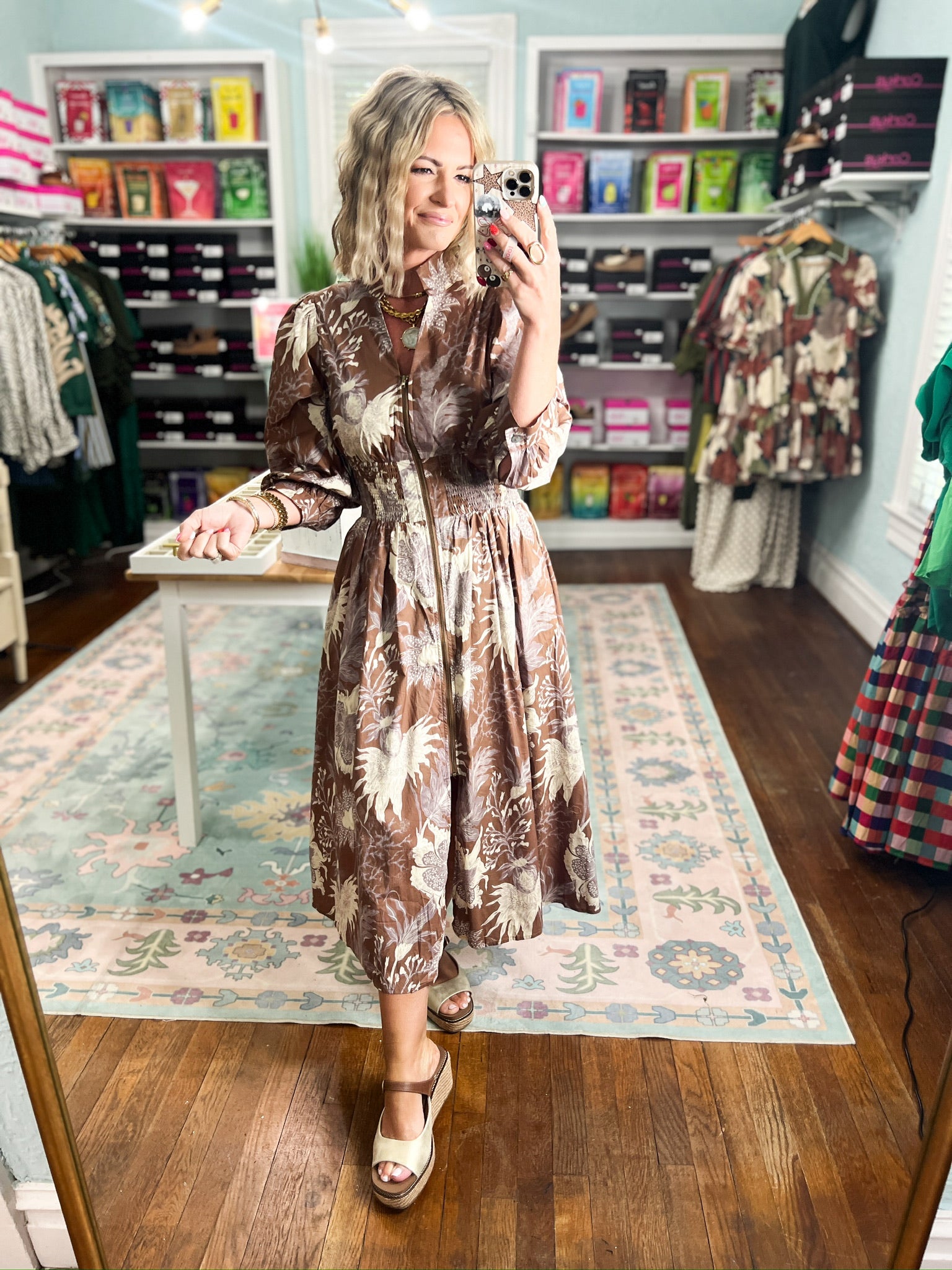 Mocha botanical print midi dress with long puff sleeves and gathered waist