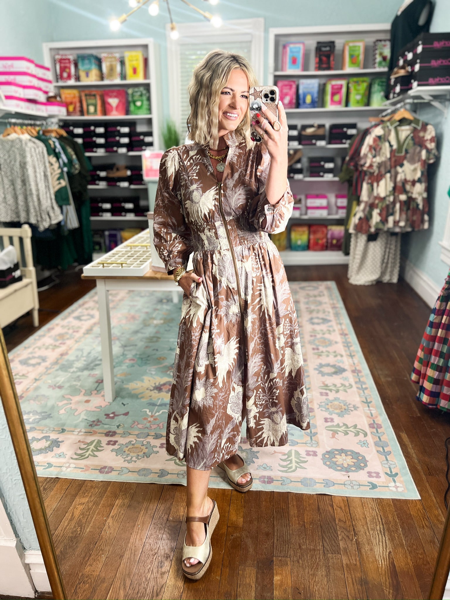 Mocha botanical print midi dress with long sleeves and full skirt