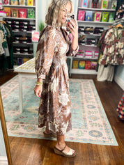 Mocha botanical midi dress, long sleeves with gathered waist and button-front detail