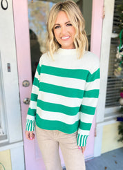 Sip in Style Stripe Sweater - Kelly Green