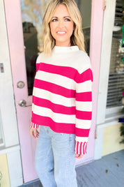 Sip in Style Stripe Sweater - Hot Pink