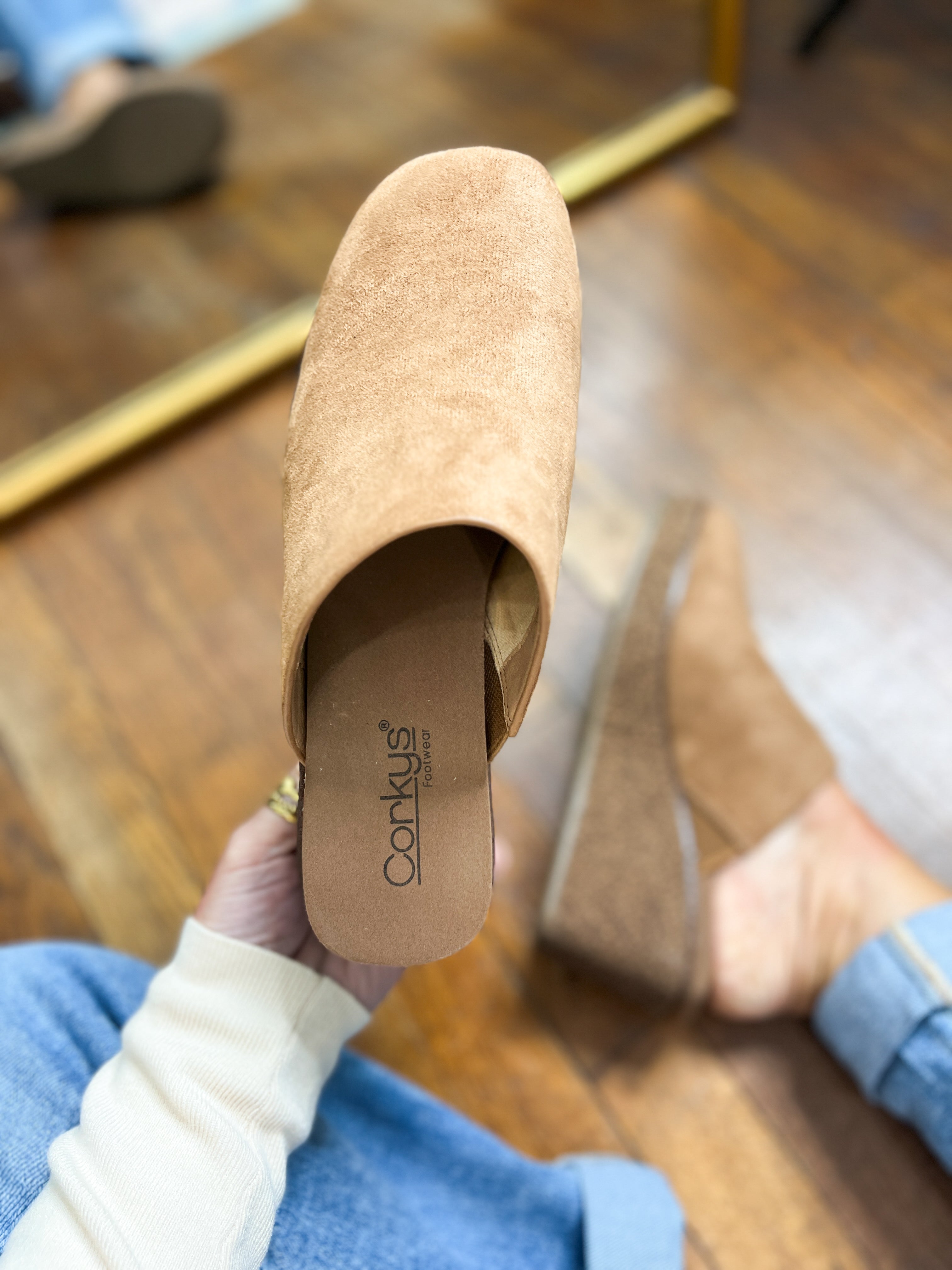 Corkys suede slip-on mule with open toe and tan footbed, platform wedge heel