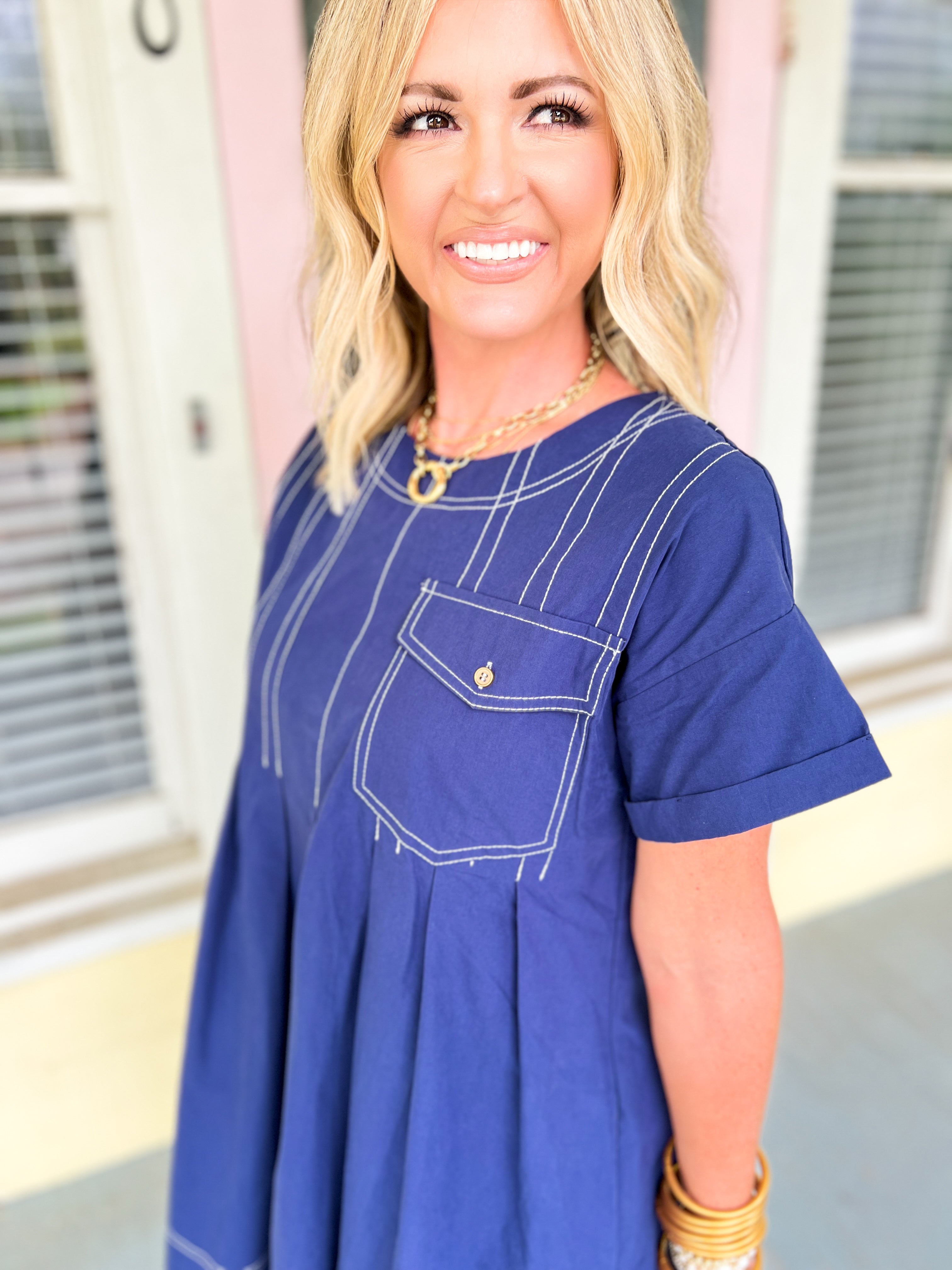 Precisely Adorable Pleated Mini Dress - Navy