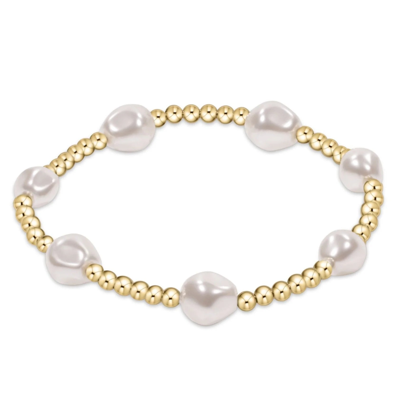 Gold bead bracelet with white pearl drops and gold spherical bead links