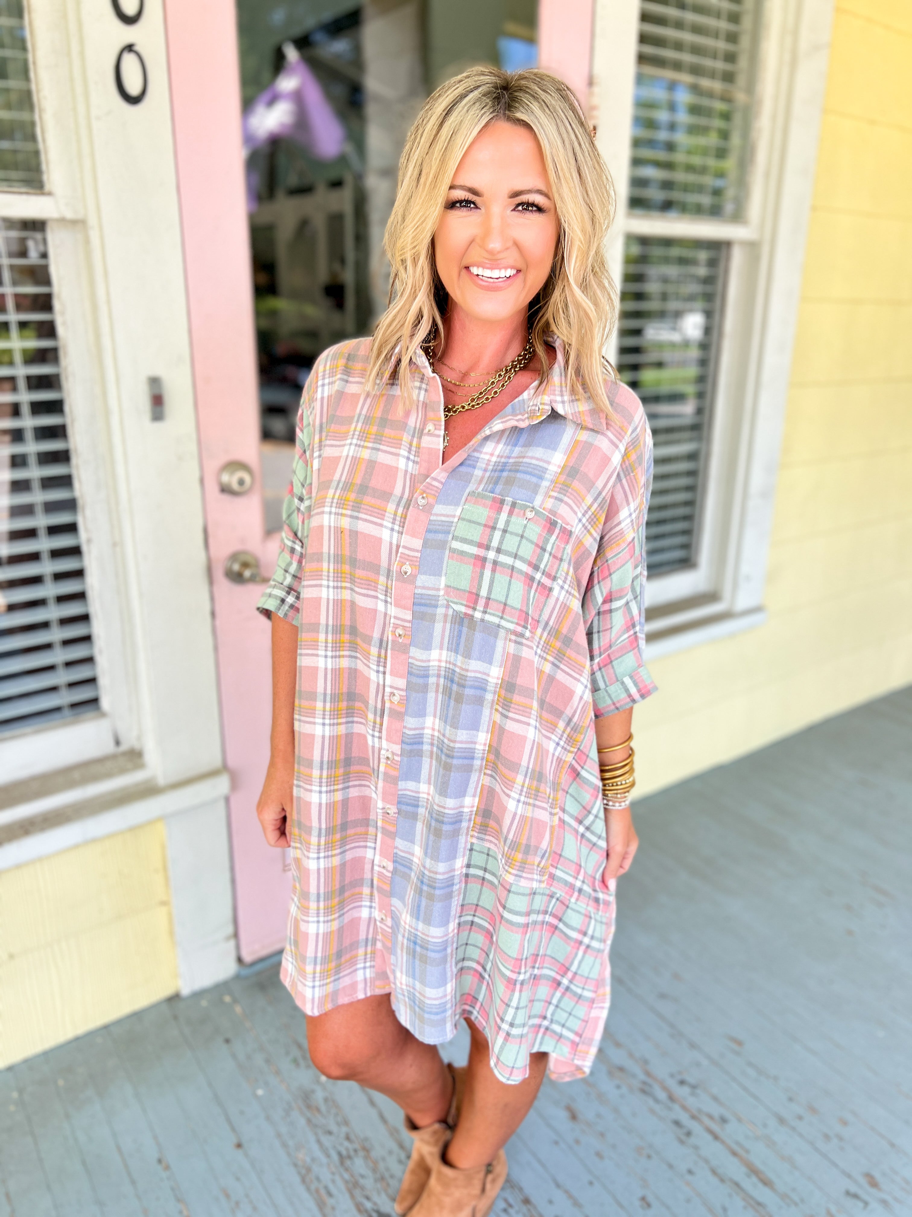 Getting My Plaid On Button Down Dress Top