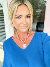 Lydia Studded Coin Scarf Necklace - Orange & White