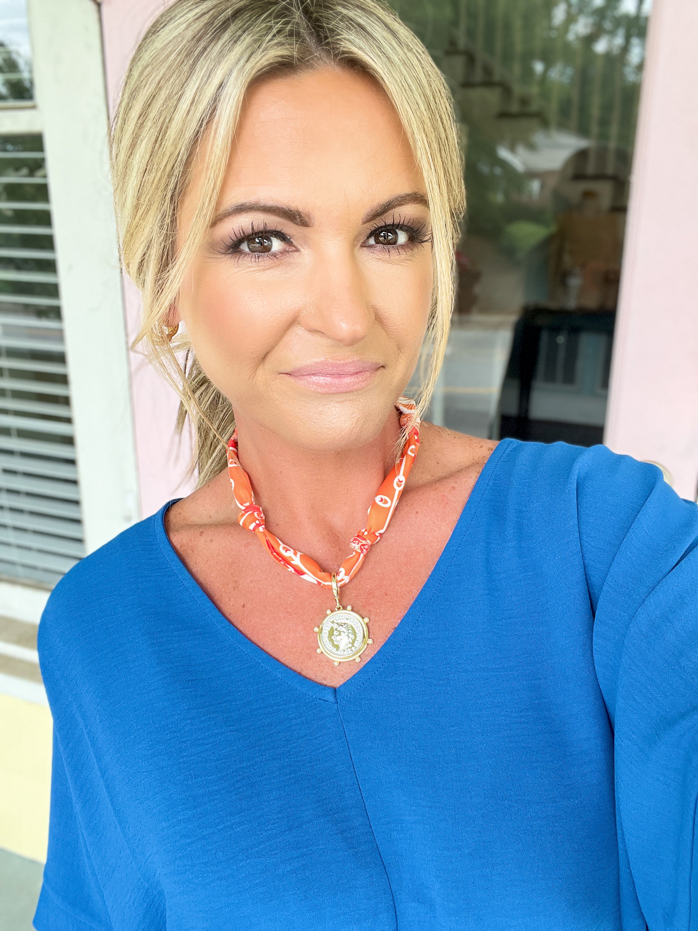 Lydia Studded Coin Scarf Necklace - Orange & White