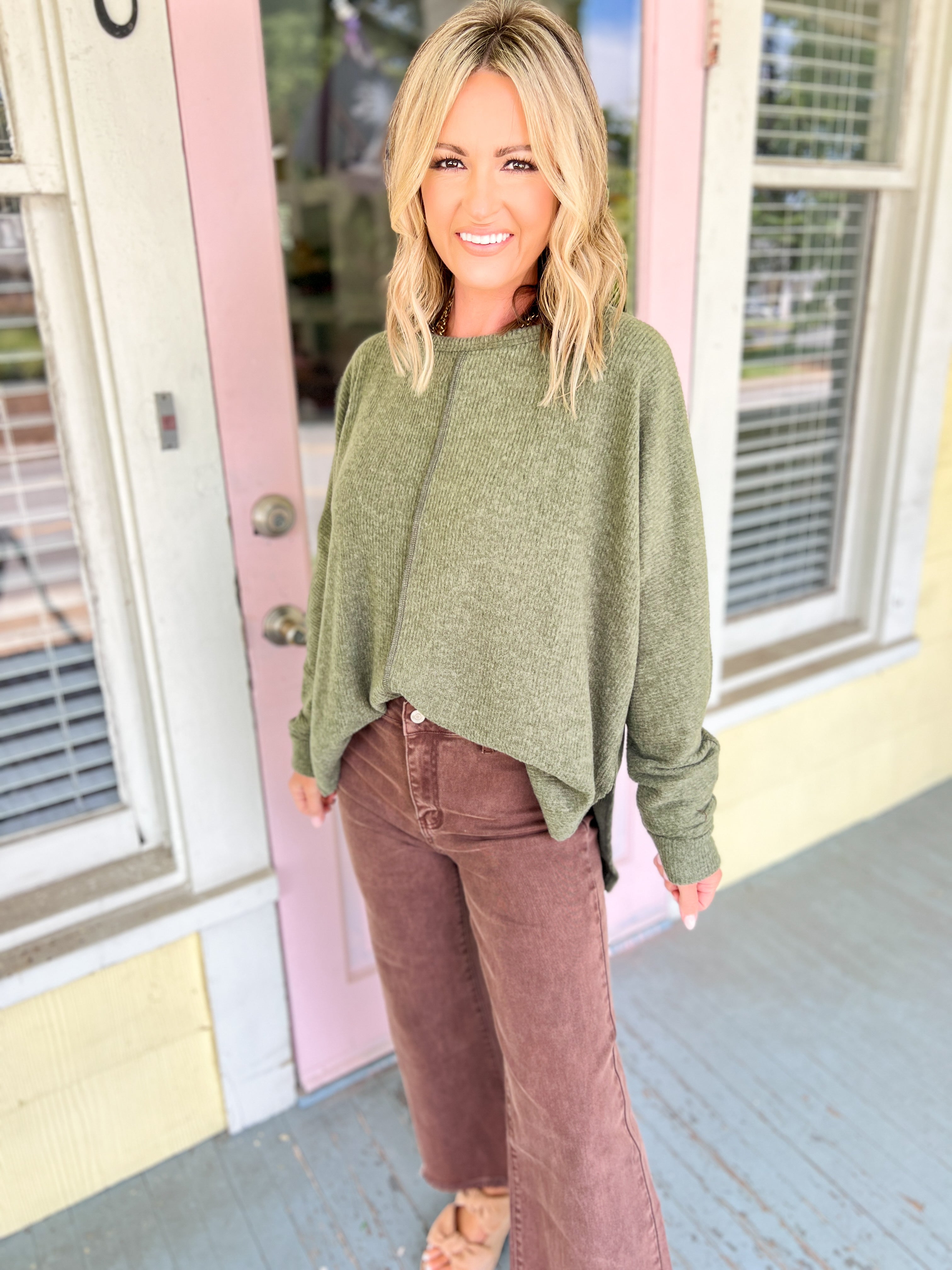 Right Down The Middle Dolman Top - Dk. Olive