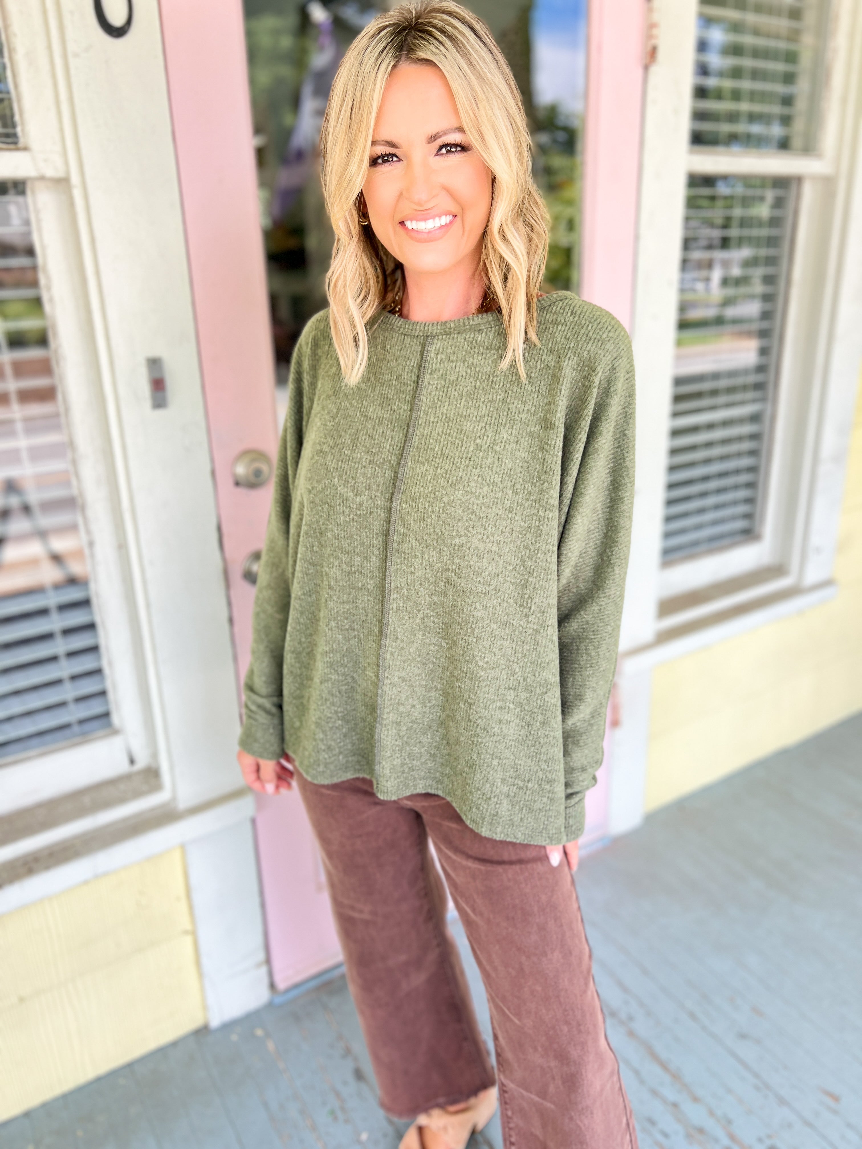 Right Down The Middle Dolman Top - Dk. Olive