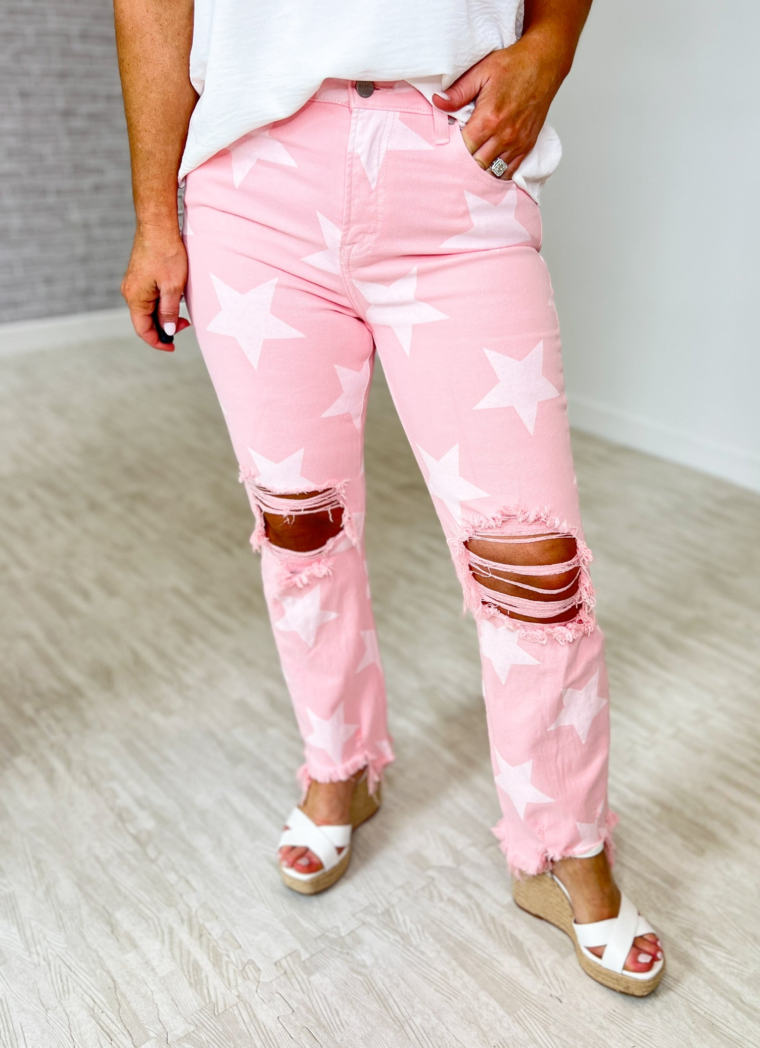 Risen High Rise Star Printed Straight Pants