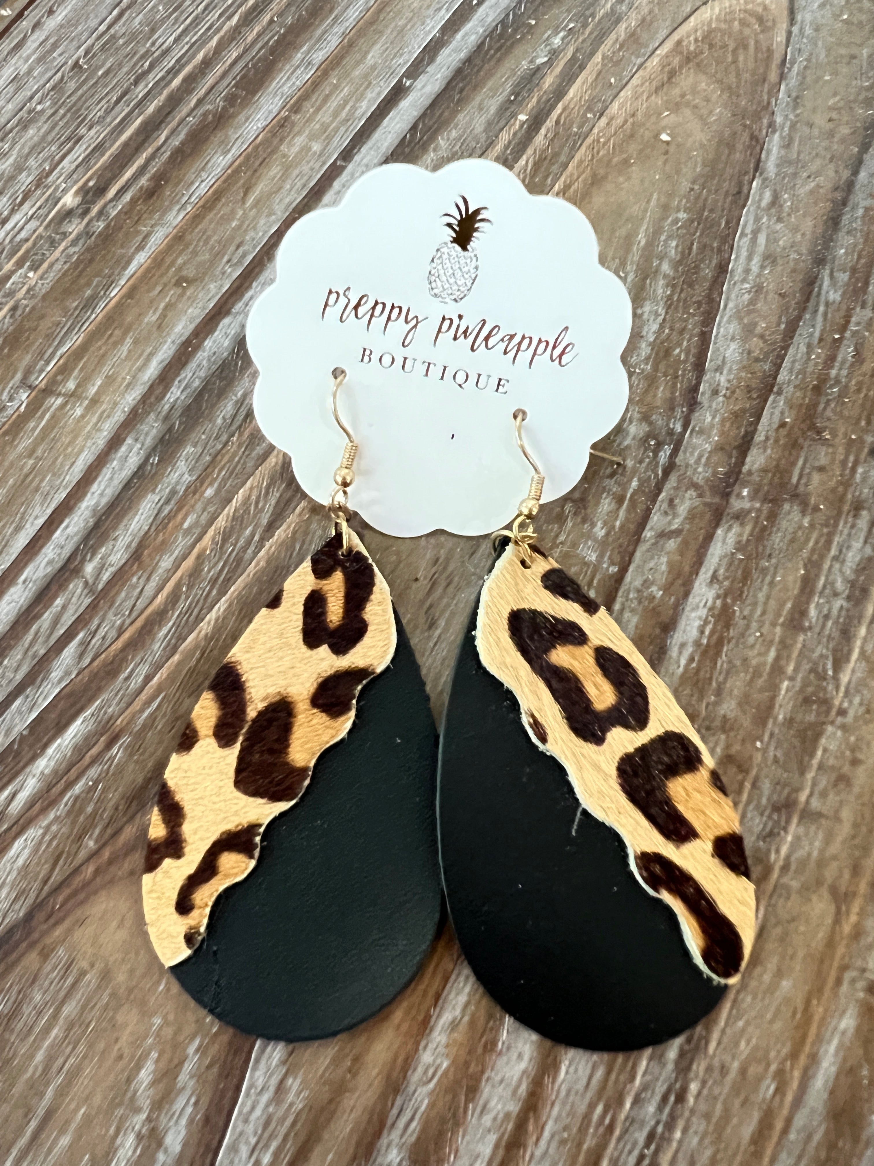 Leopard & Black Leather Drop Earrings