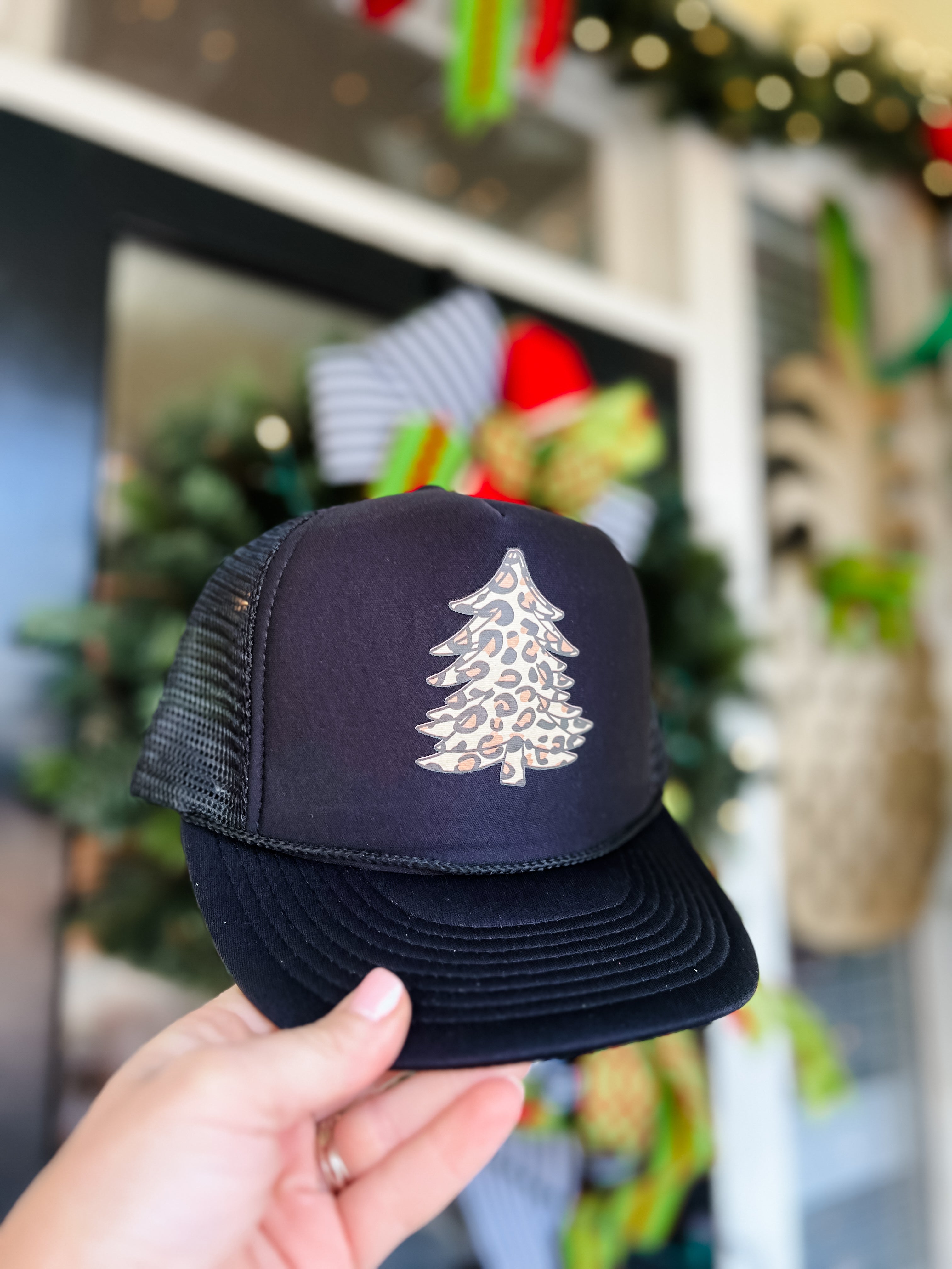 Leopard Print Christmas Tree Trucker Hat