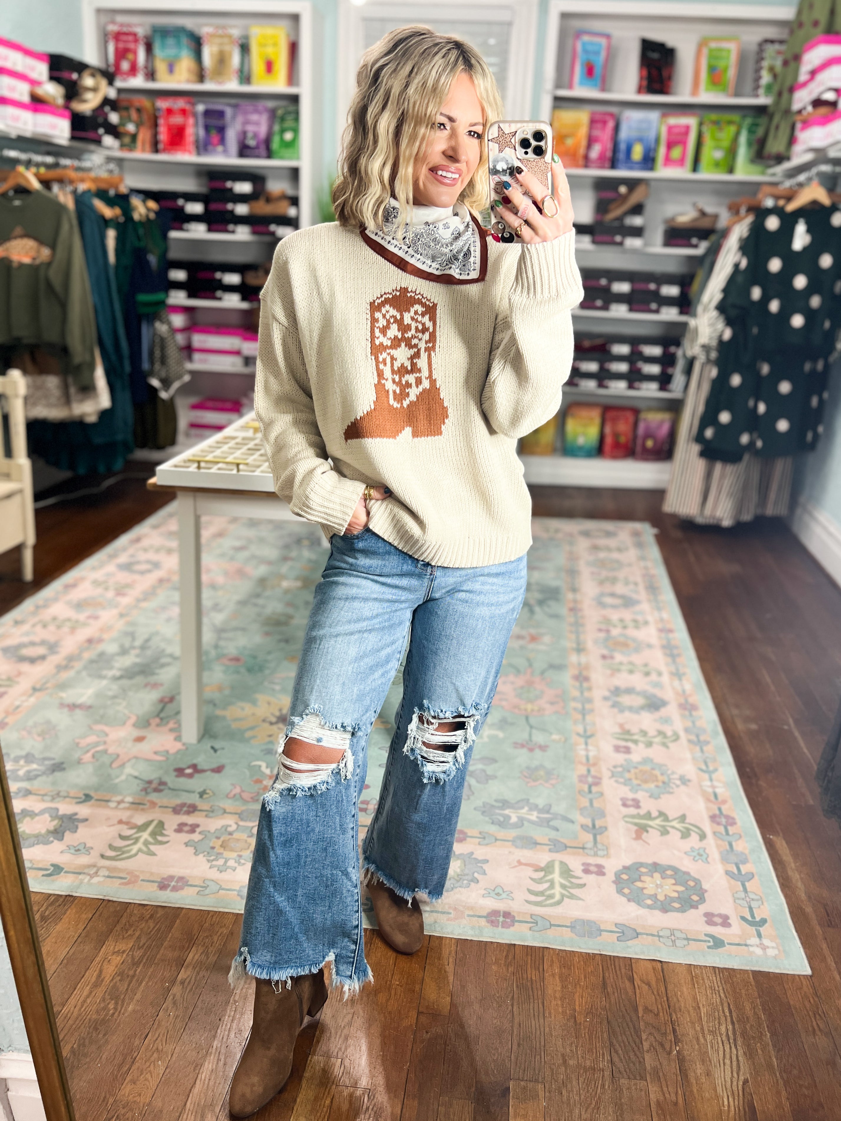 Boot Scootin' Knit Sweater - Stone/Camel