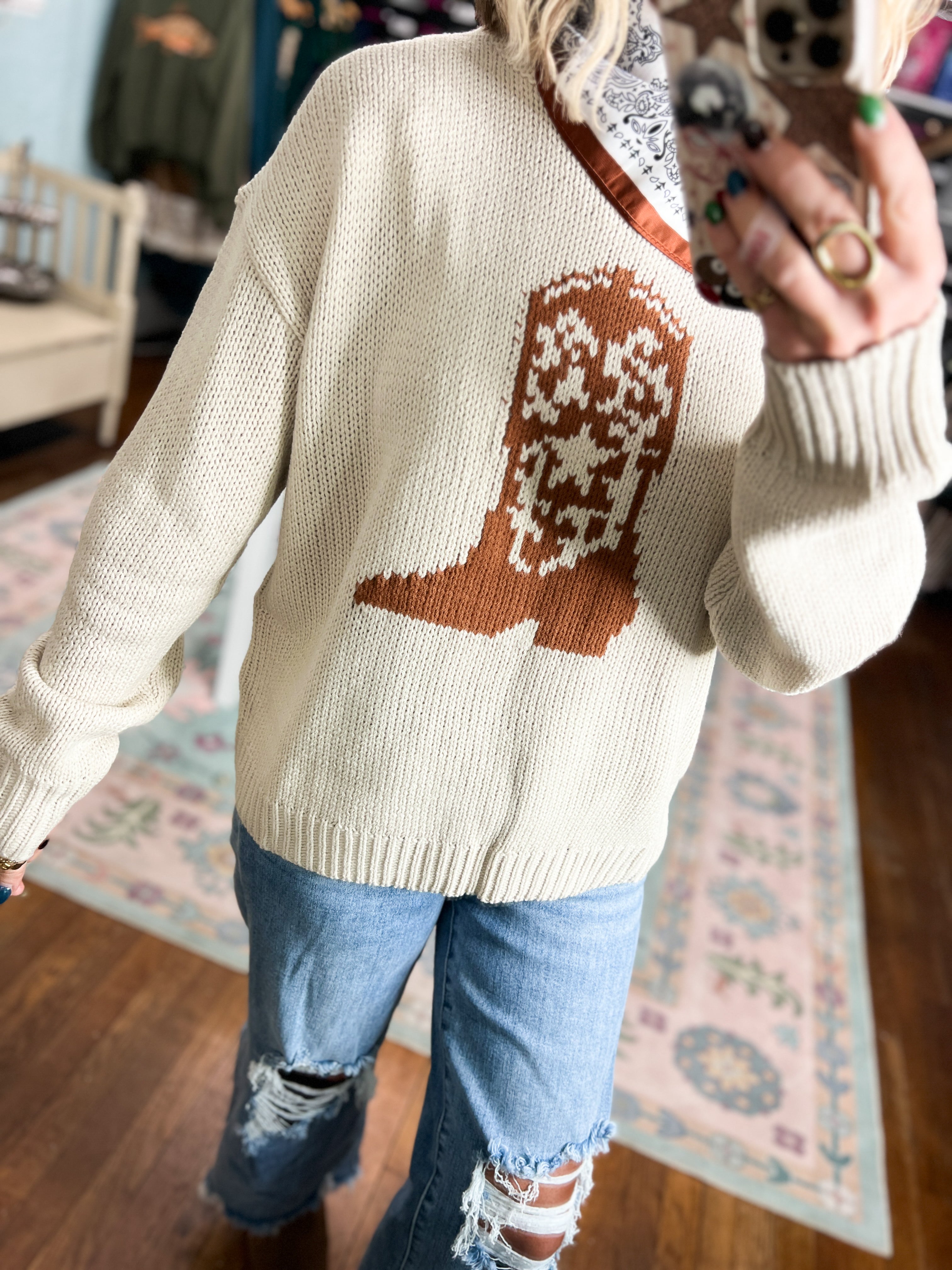 Boot Scootin' Knit Sweater - Stone/Camel