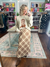 Plaid taupe and brown midi skirt with gathered waistband and full length