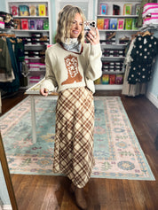 Taupe and brown plaid midi skirt, gathered waist, flowing A-line fit