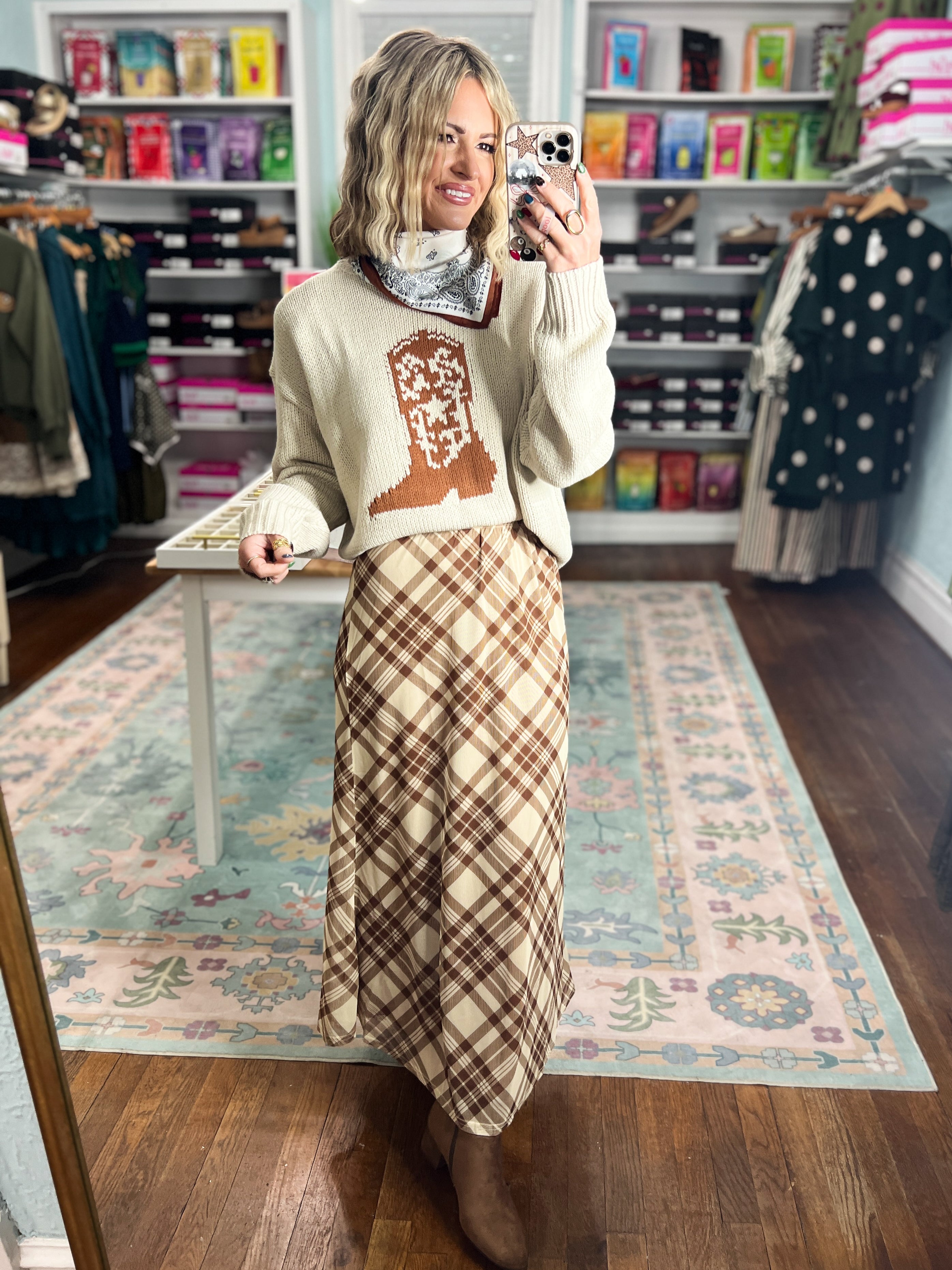 Taupe and brown plaid midi skirt, gathered waist, flowing A-line fit
