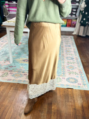 Camel satin midi skirt with white lace hem trim, straight fit