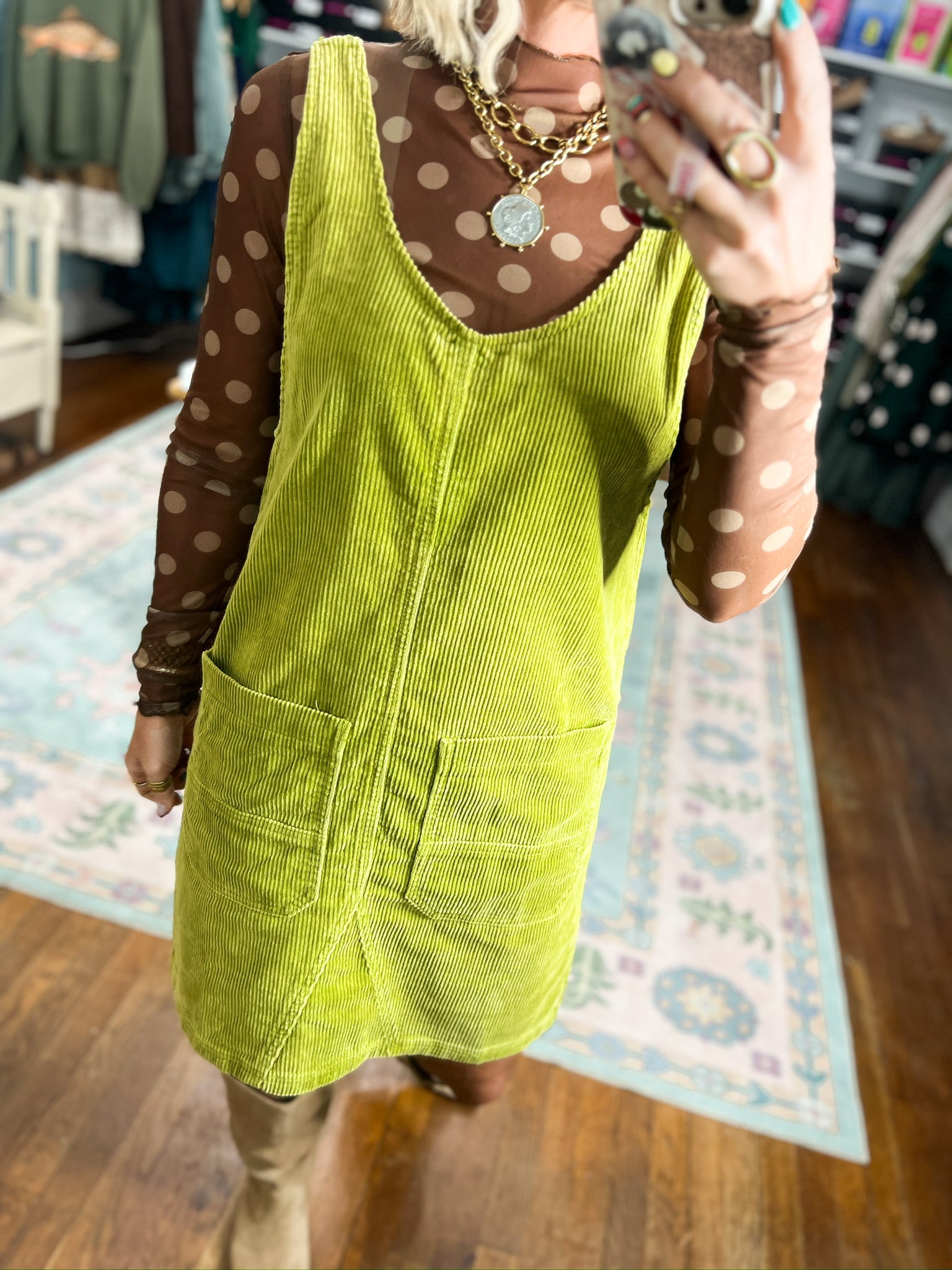 Next Best Thing Corduroy Overall Dress - Olive