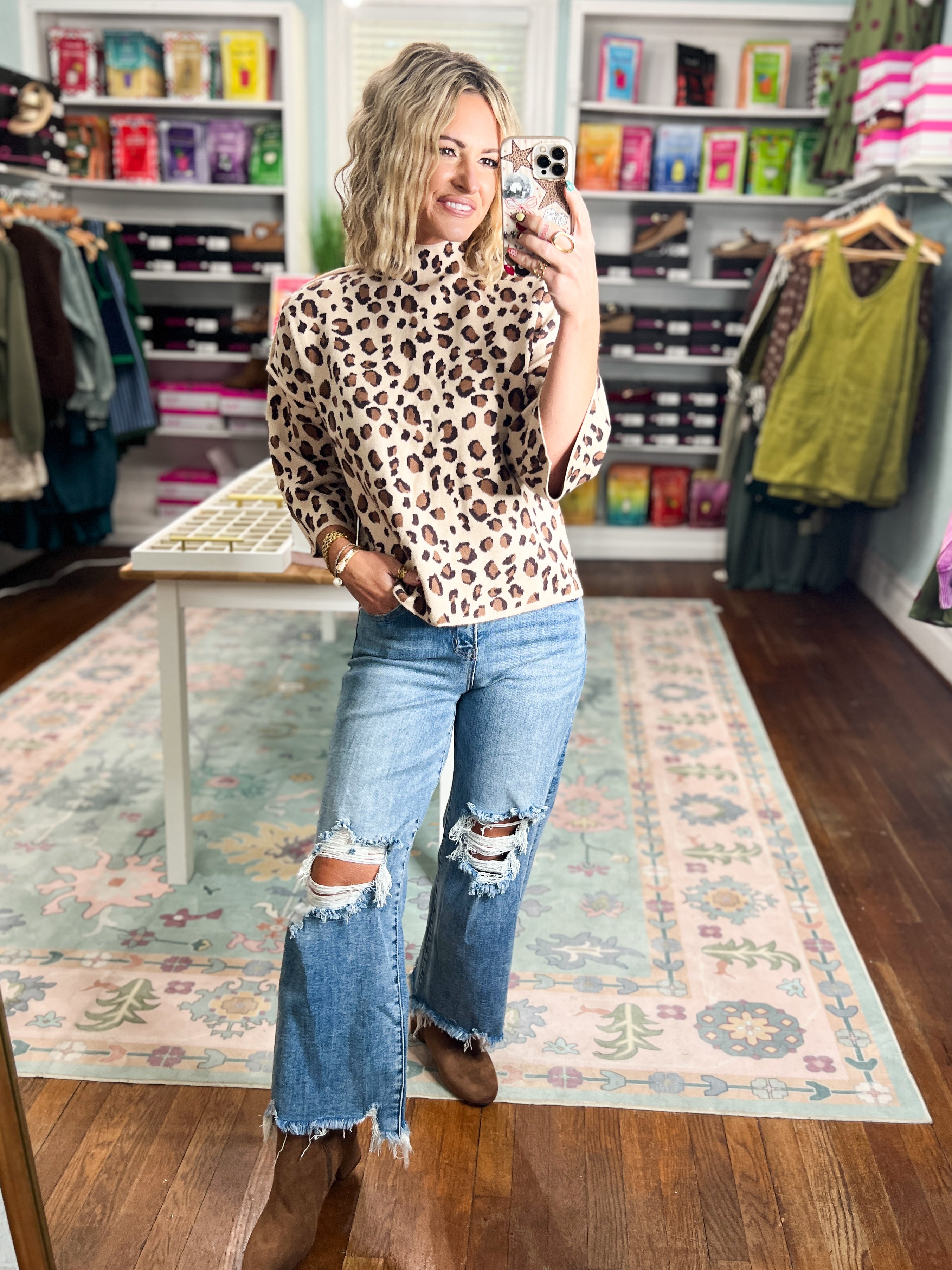 Sweet and Spotted Animal Print Mock Neck Sweater