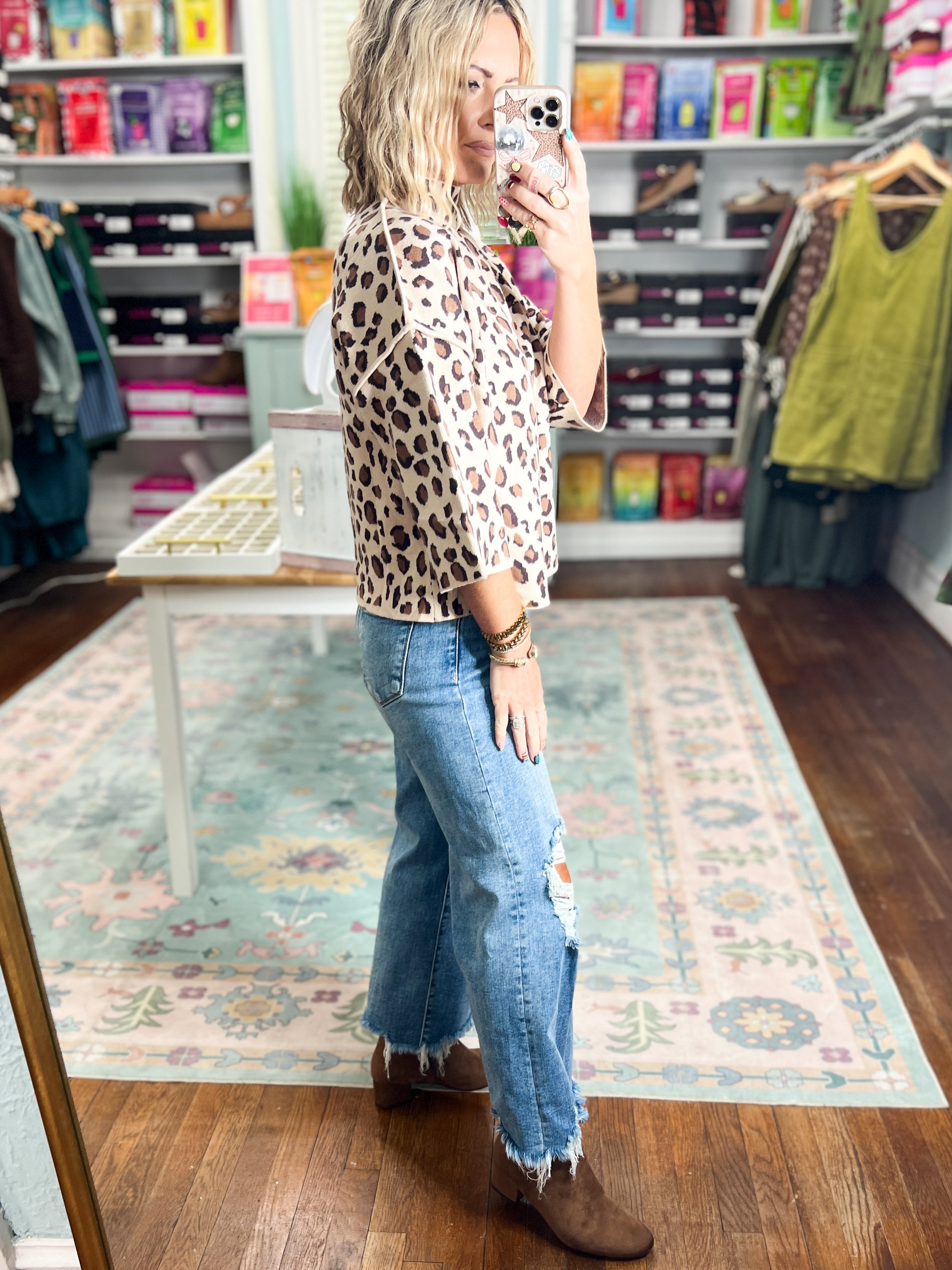 Sweet and Spotted Animal Print Mock Neck Sweater