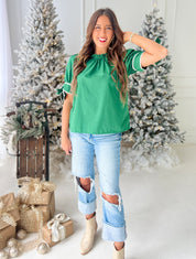 I Want It, I Got It Bow Sleeve Top - Hunter Green