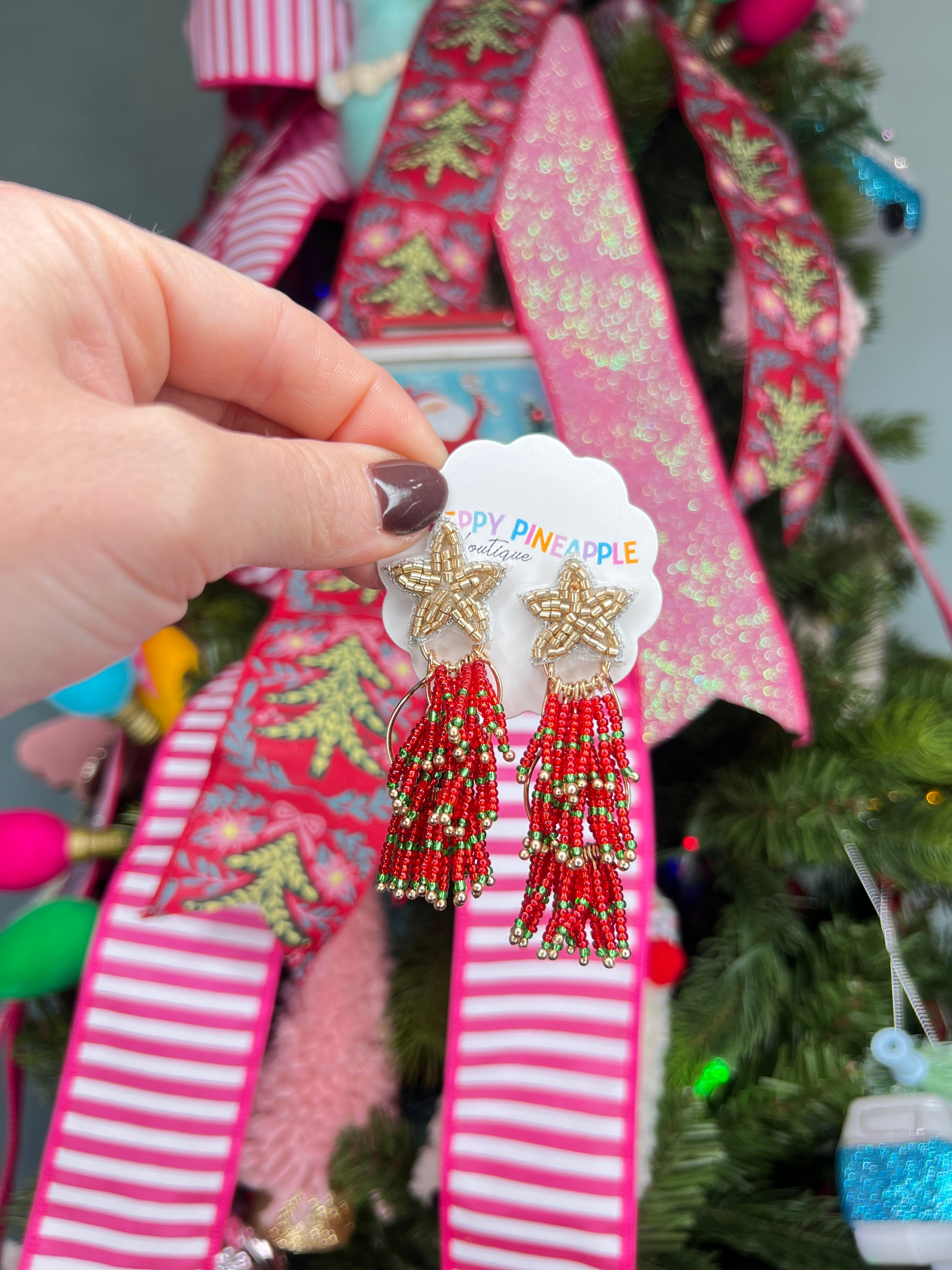 Bead Christmas Tree and Star Tassel Earrings - Red