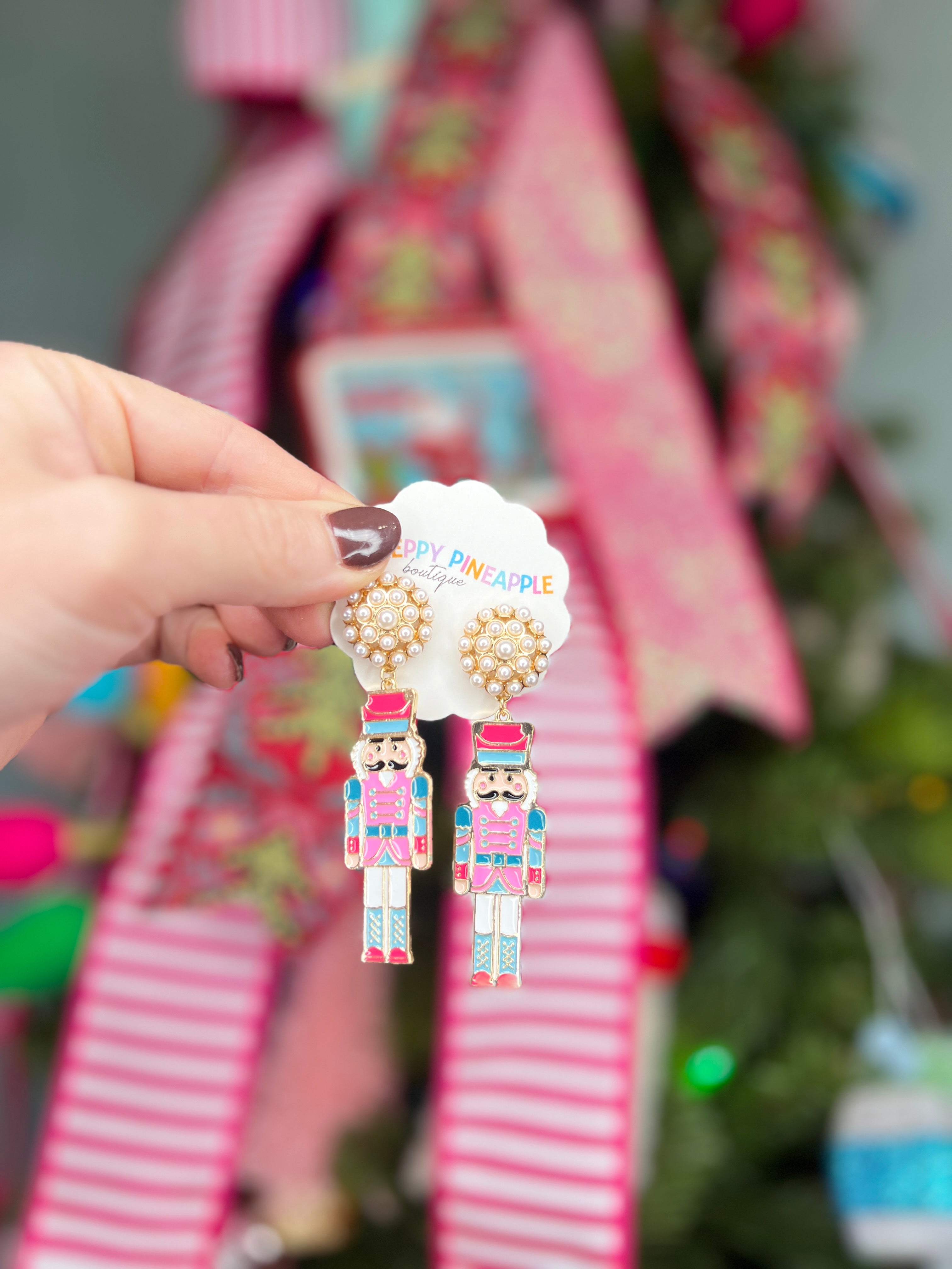 Enamel Coated Metal Nutcracker Earrings- Pink/Mint