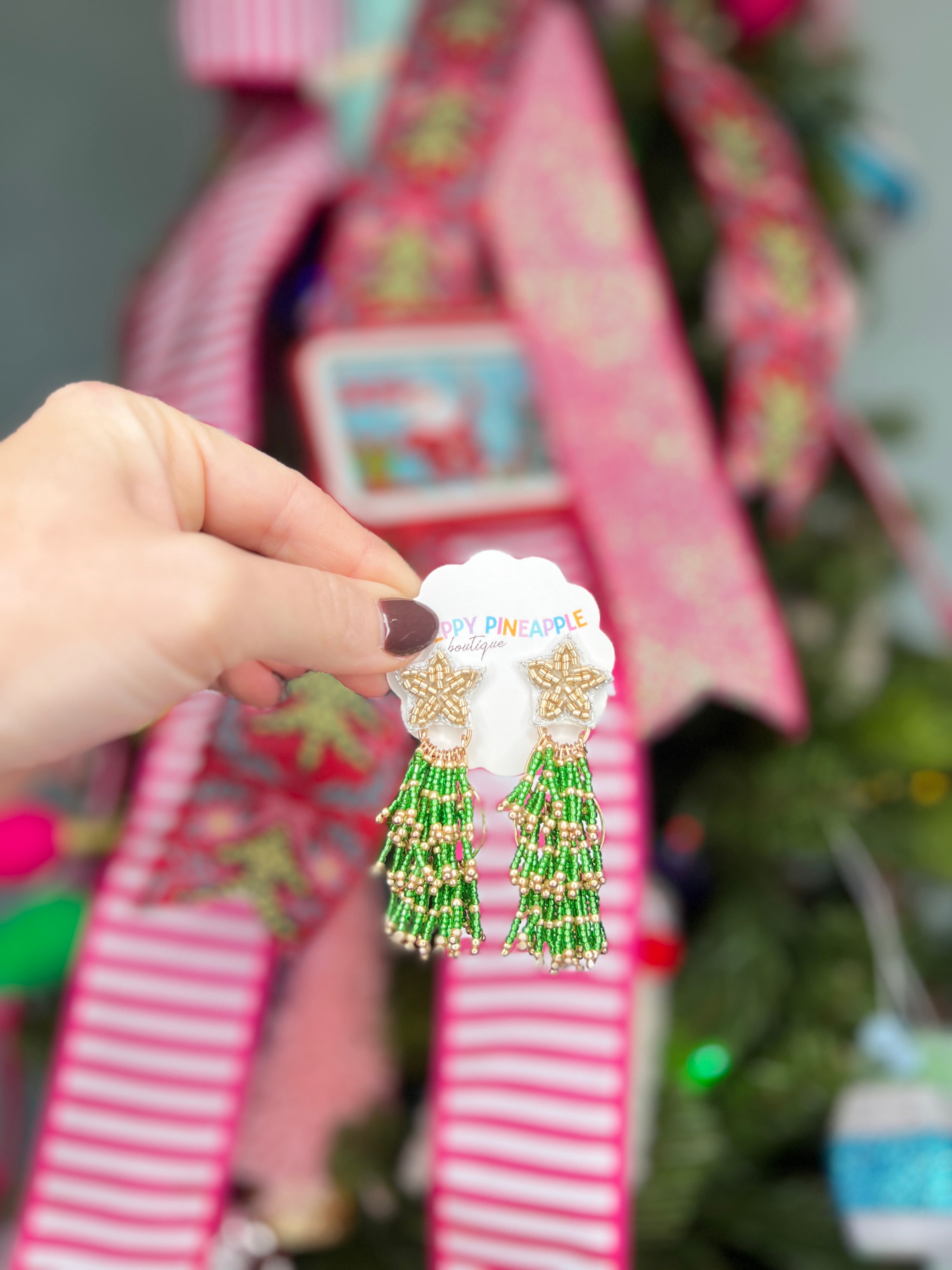 Bead Christmas Tree and Star Tassel Earrings - Green