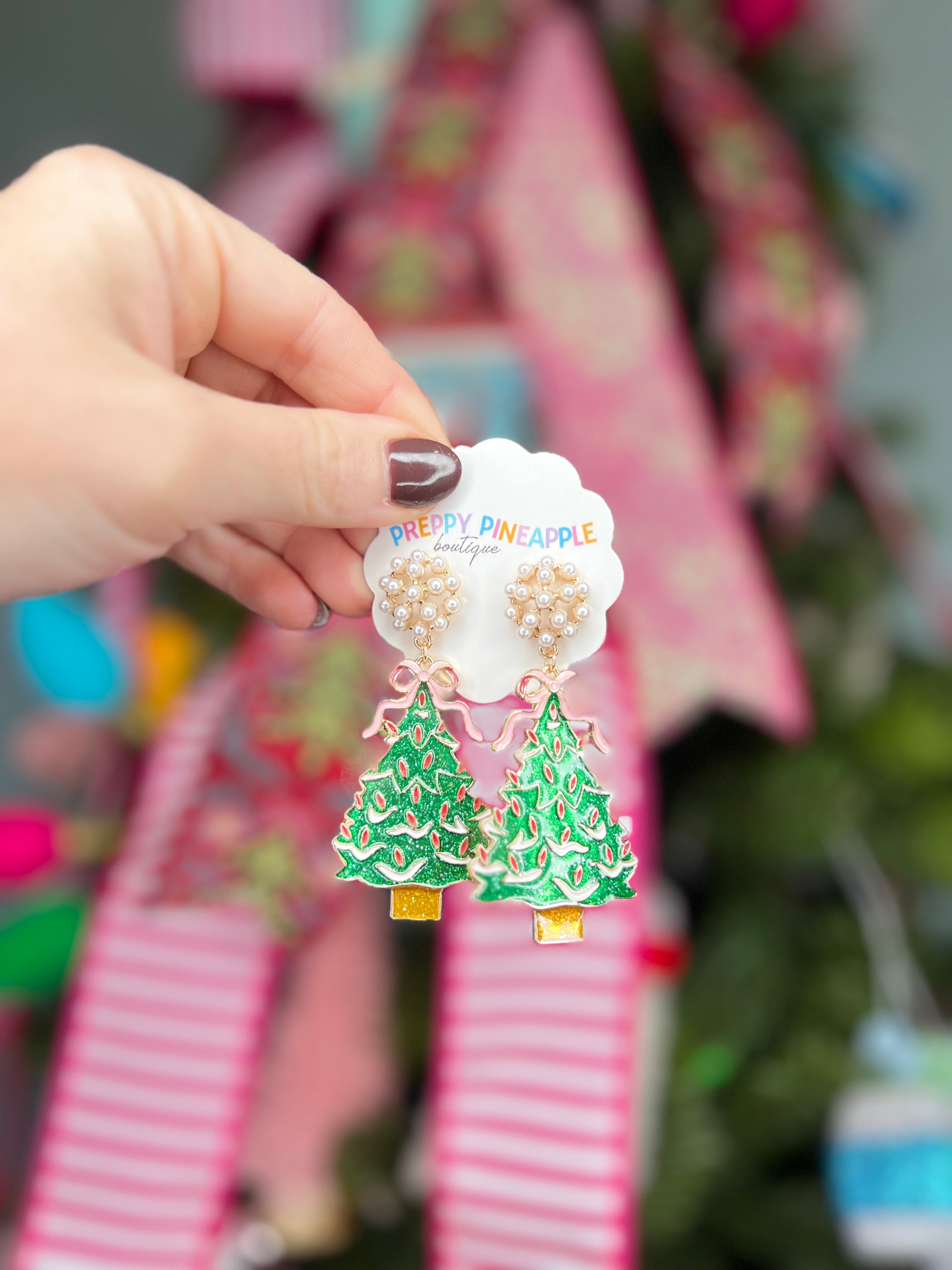 Christmas Tree Epoxy Drop Earrings - Green