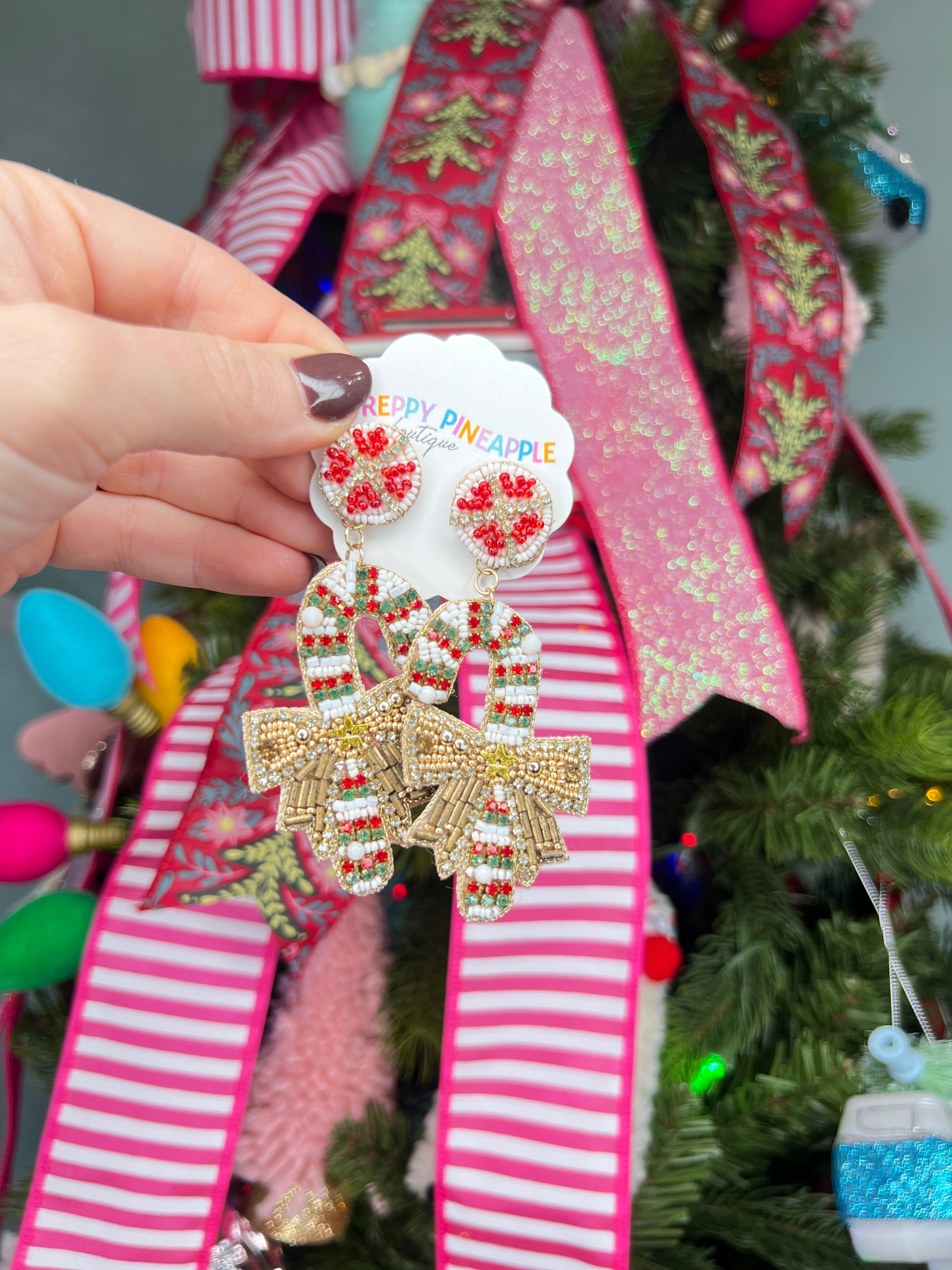 Christmas Cane and Ribbon Bead Earrings