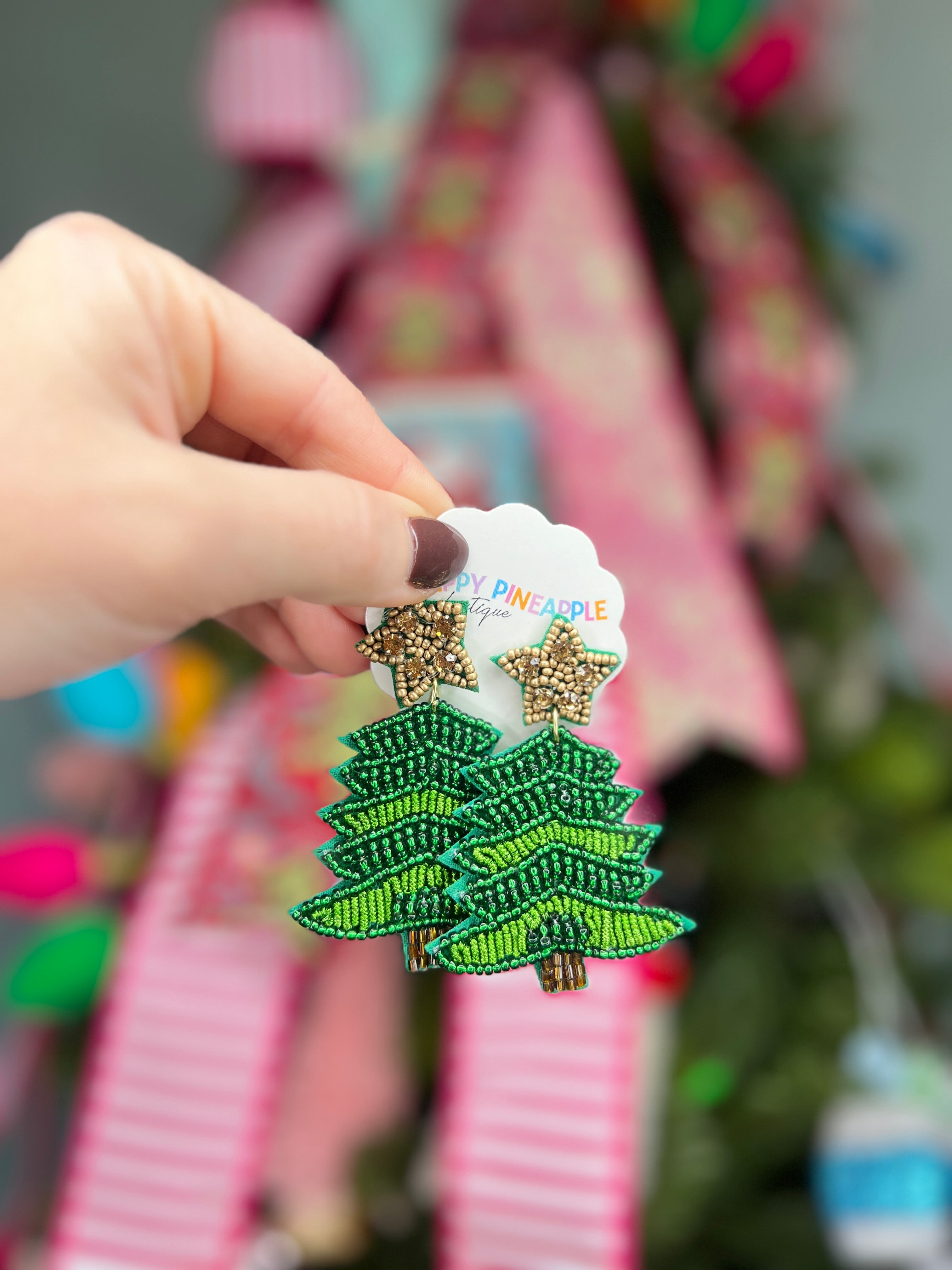 Beaded Christmas Tree Earrings - Green