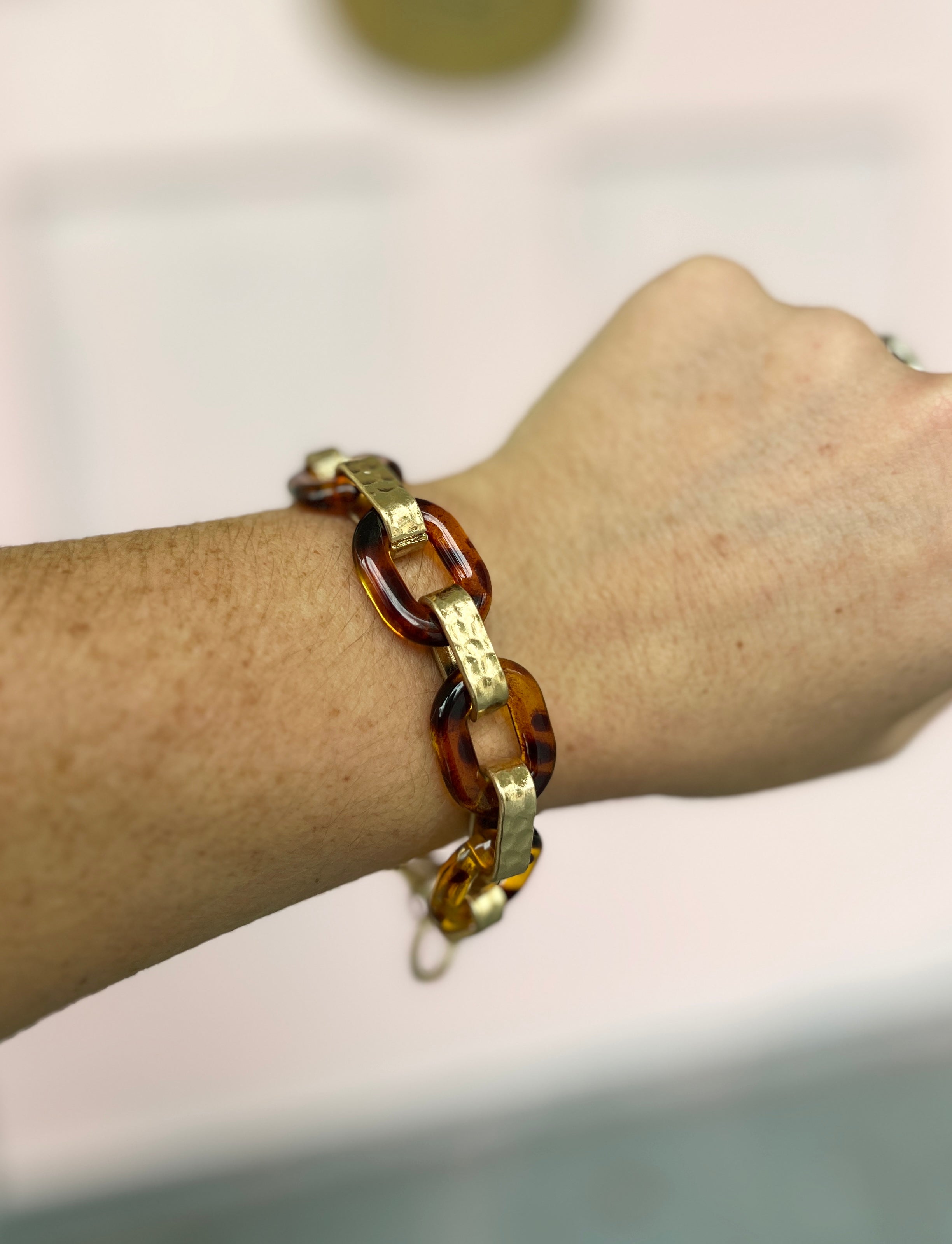 Linked Acrylic Tortoise and Textured Oval Bracelet