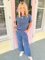 Corduroy Short Sleeve Top & Cropped Pant Set - Denim