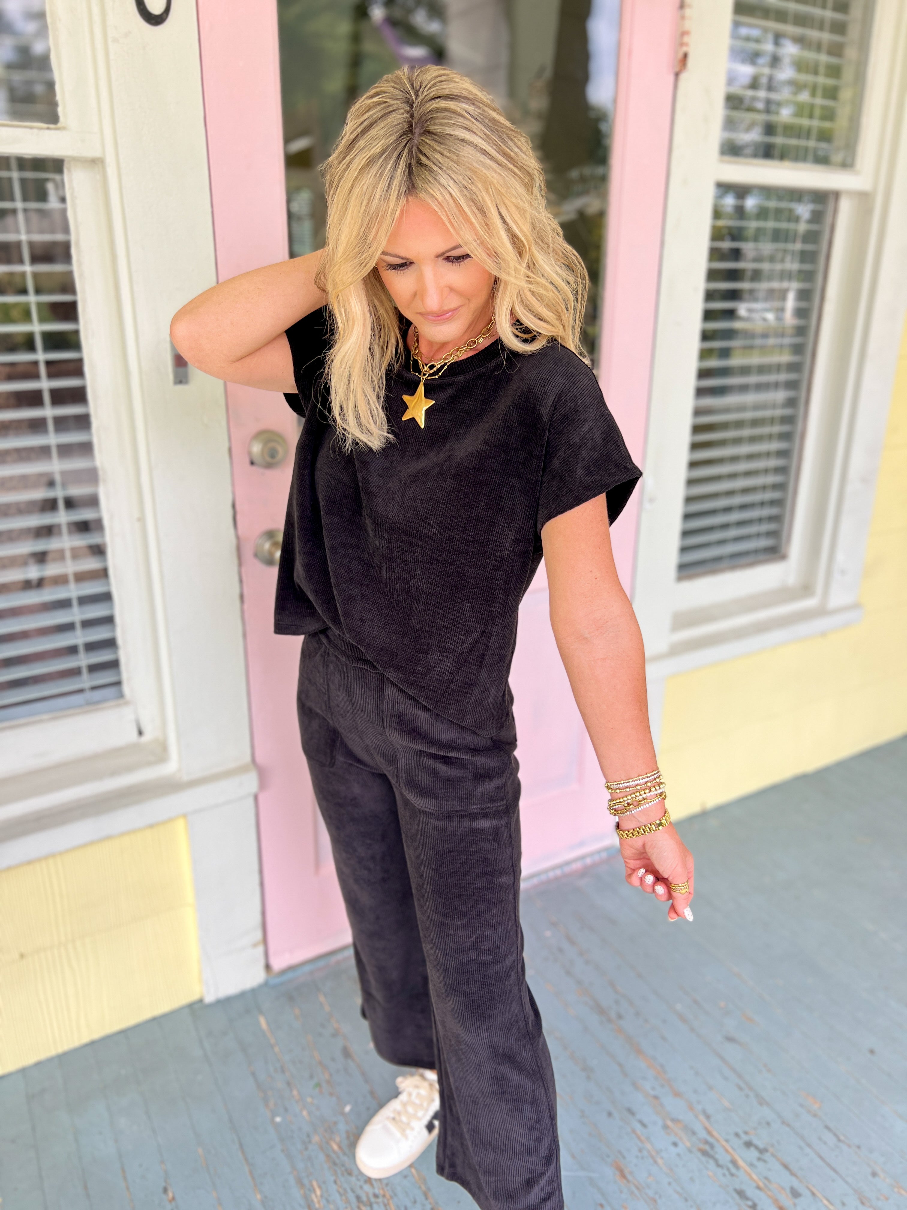 Corduroy Short Sleeve Top & Cropped Pant Set - Black