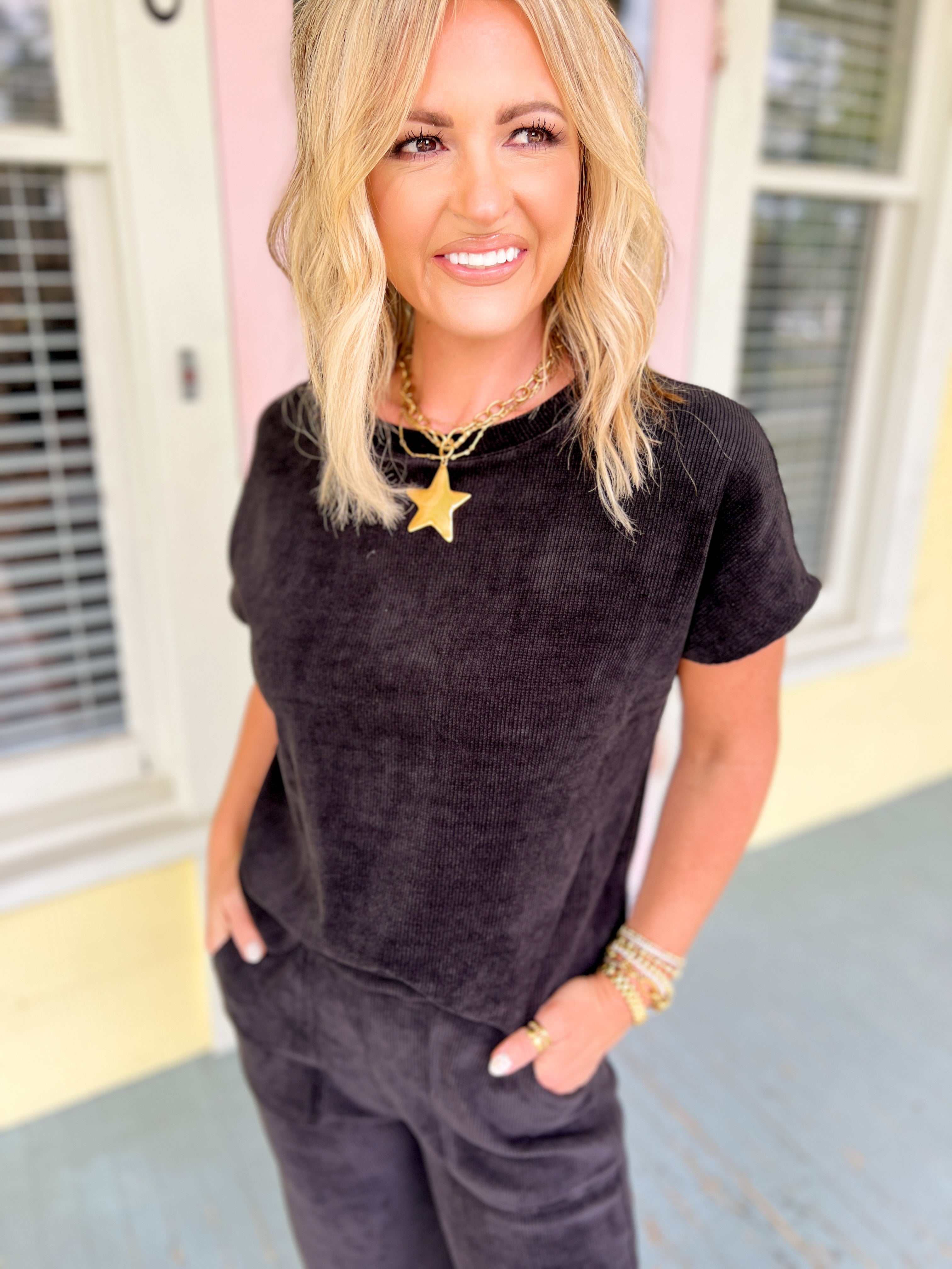 Corduroy Short Sleeve Top & Cropped Pant Set - Black