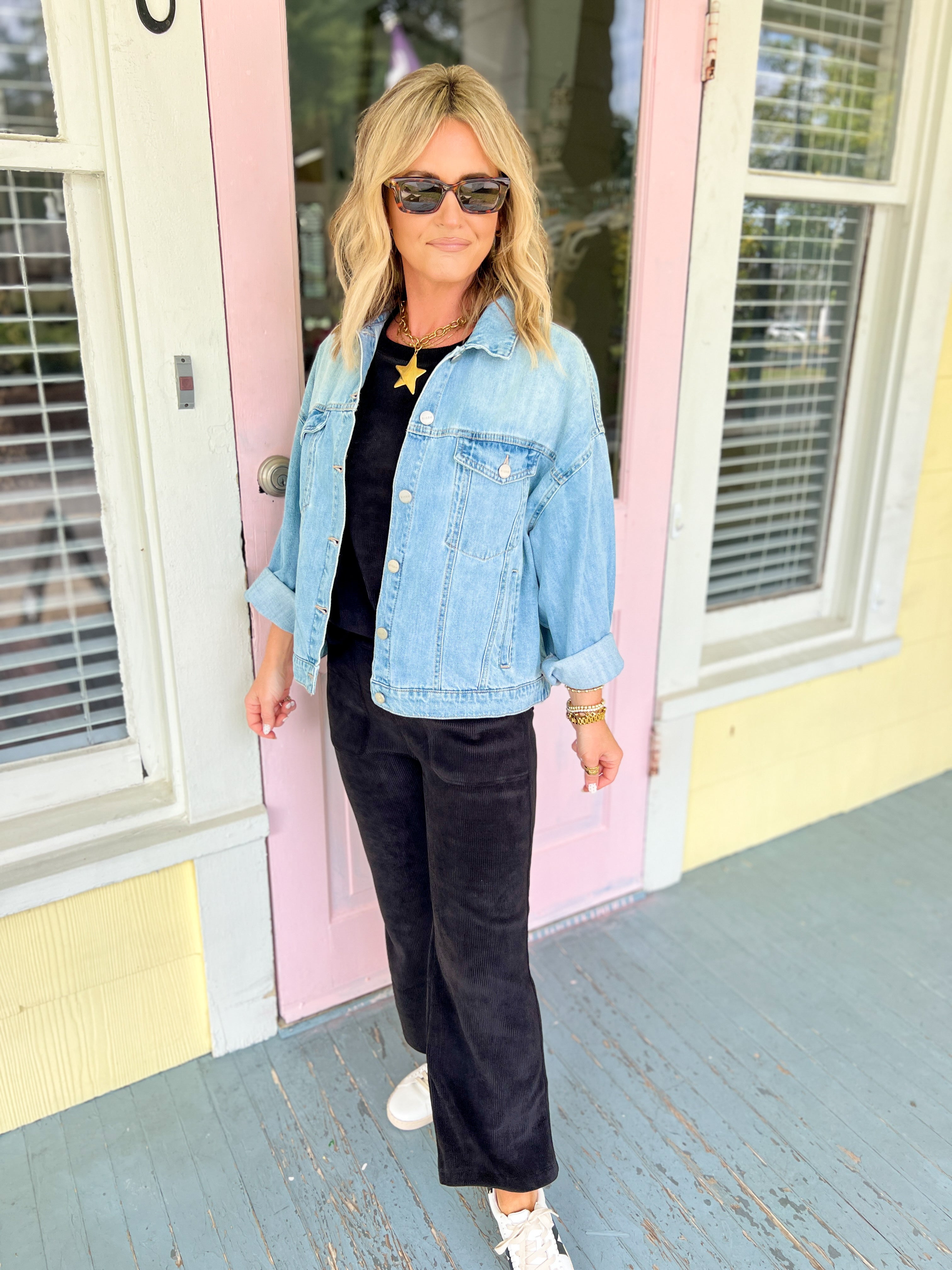 Corduroy Short Sleeve Top & Cropped Pant Set - Black