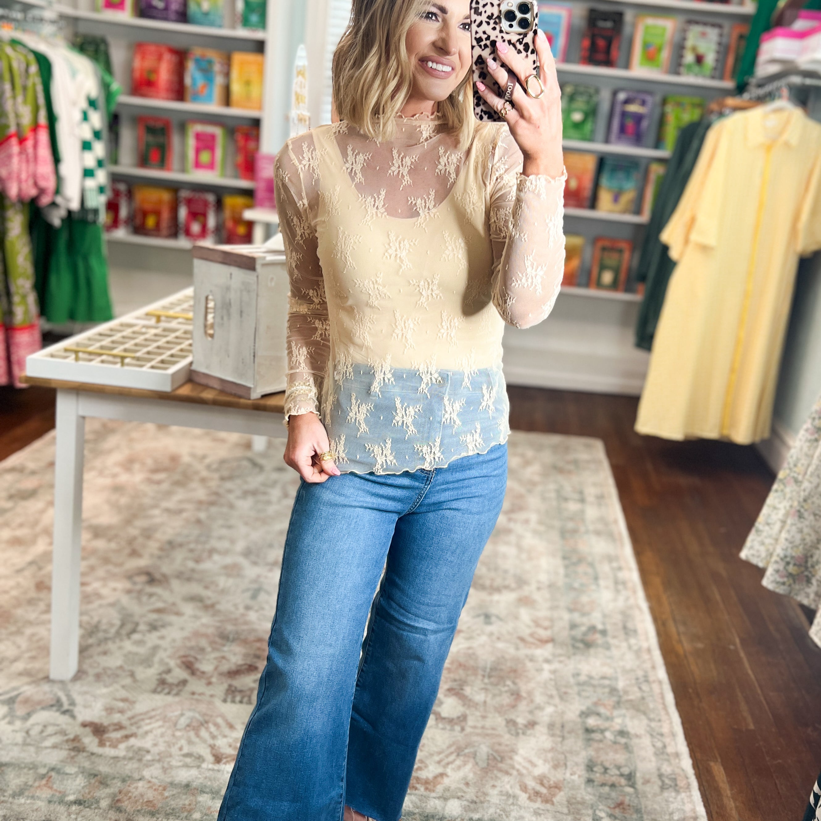 Nude lace see-through layering top with floral pattern, long sleeves