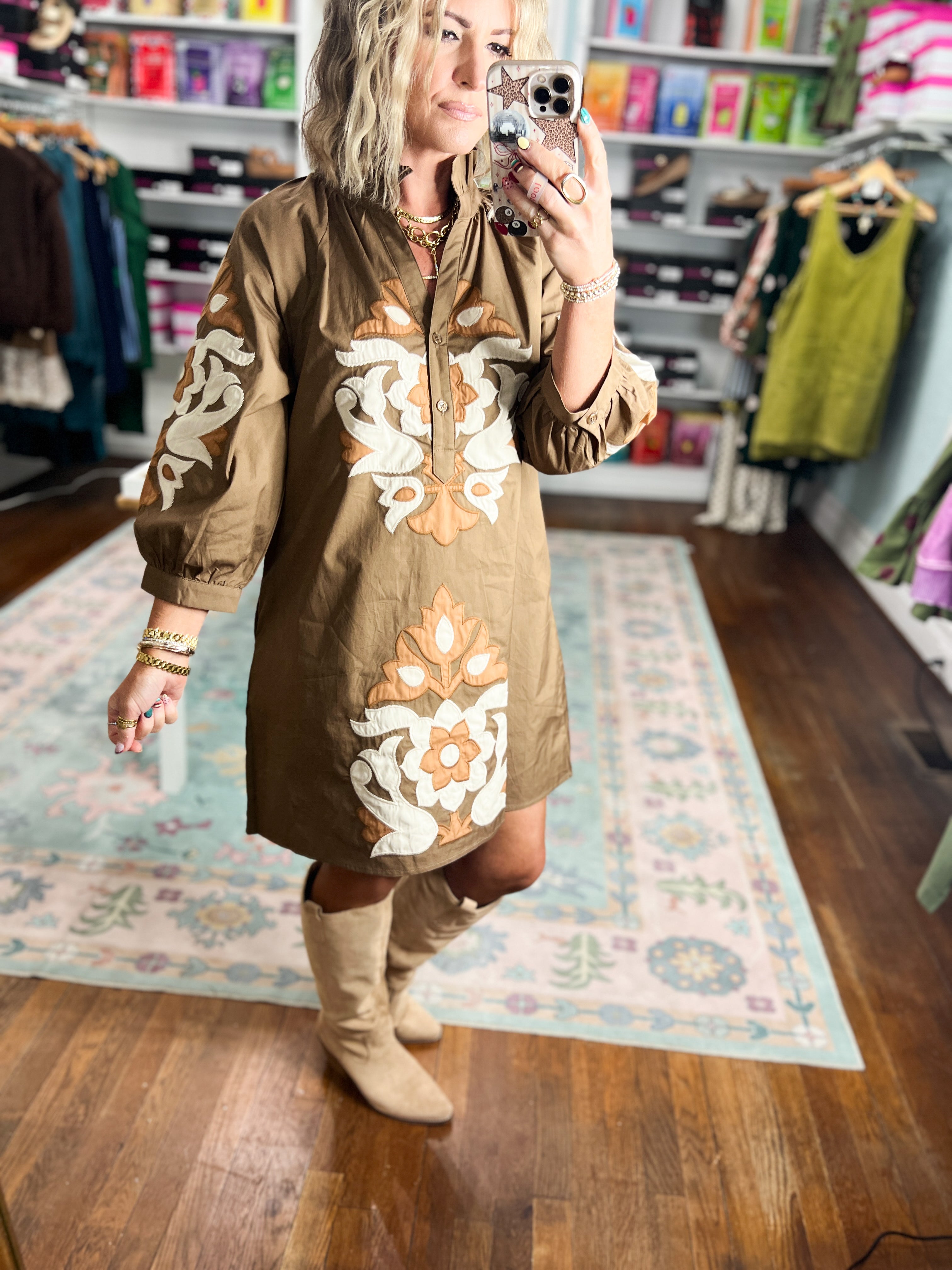 Brown baroque floral shift dress with long sleeves and decorative front panel